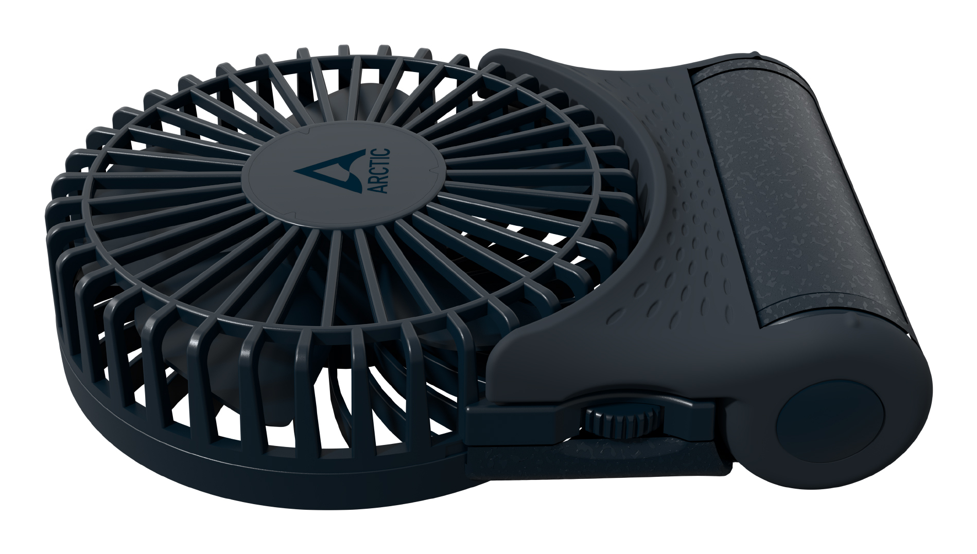 Dunkelblauer tragbarer Mini-Ventilator der Marke Arctic mit Drehregler und geschlossenem Klappgriff auf weißem Hintergrund.