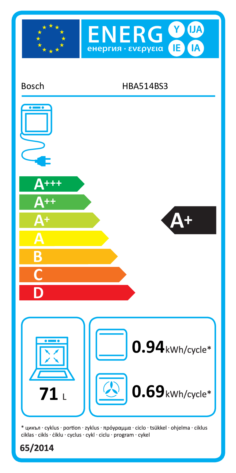 Etichetta energetica Bosch con classe A+, capacità 71L e consumo energetico.