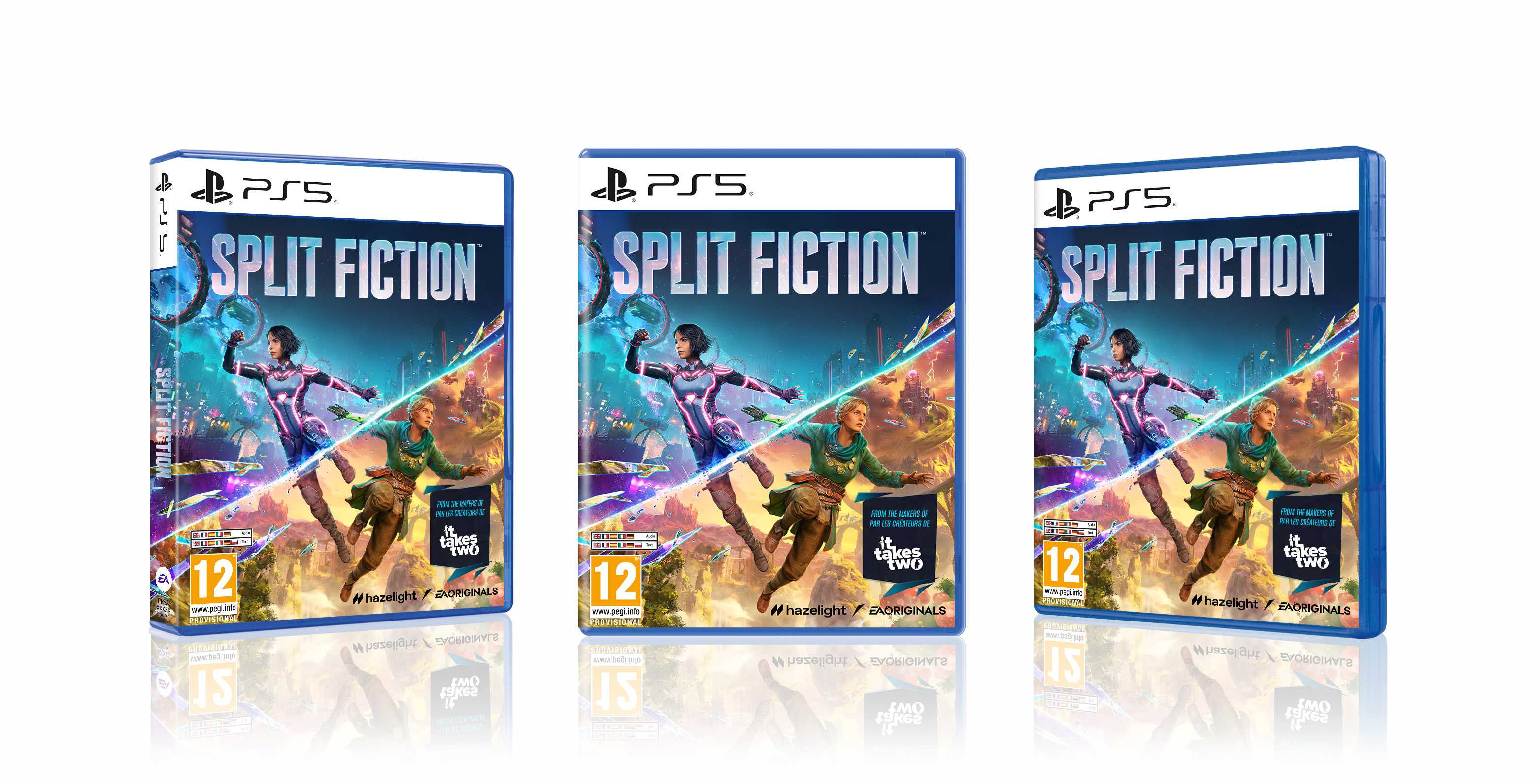 Tre custodie per giochi PS5 con la copertina di 'Split Fiction' e due personaggi che volano in un mondo fantastico.