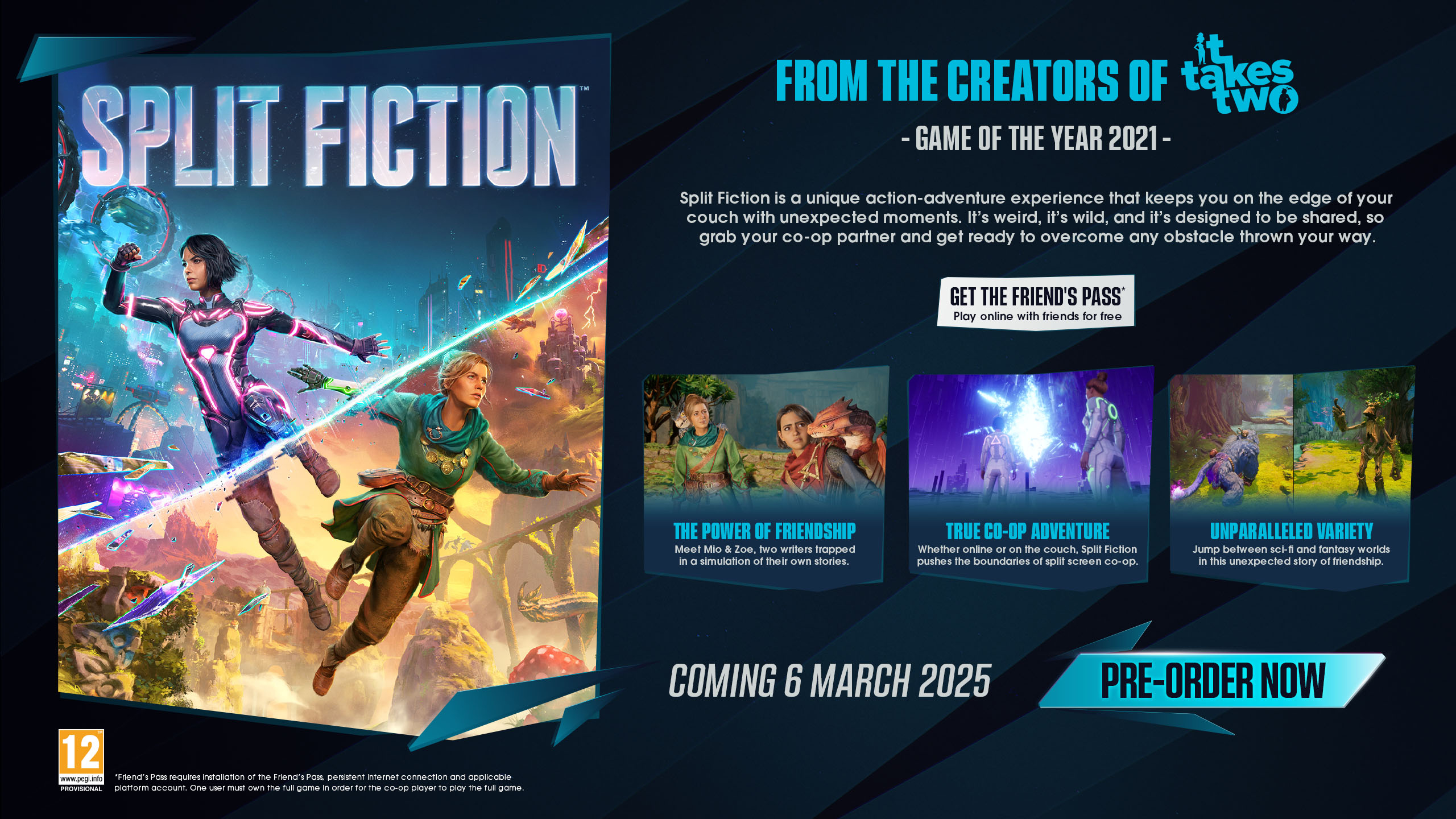 Locandina promozionale del gioco co-op Split Fiction con due personaggi, tre scene e data di uscita.