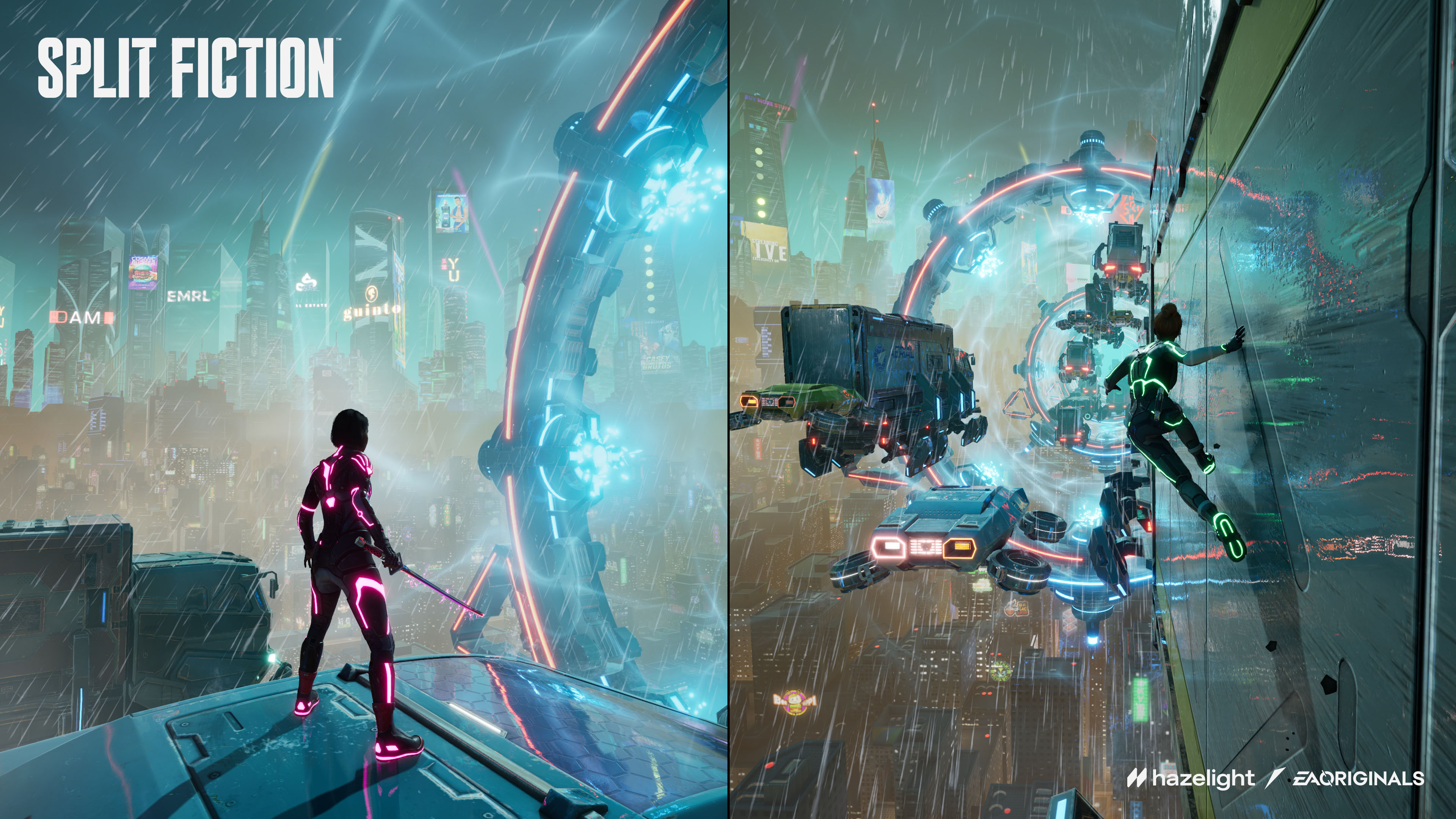 Schermo diviso mostra una città cyberpunk sotto la pioggia con personaggi e veicoli volanti.
