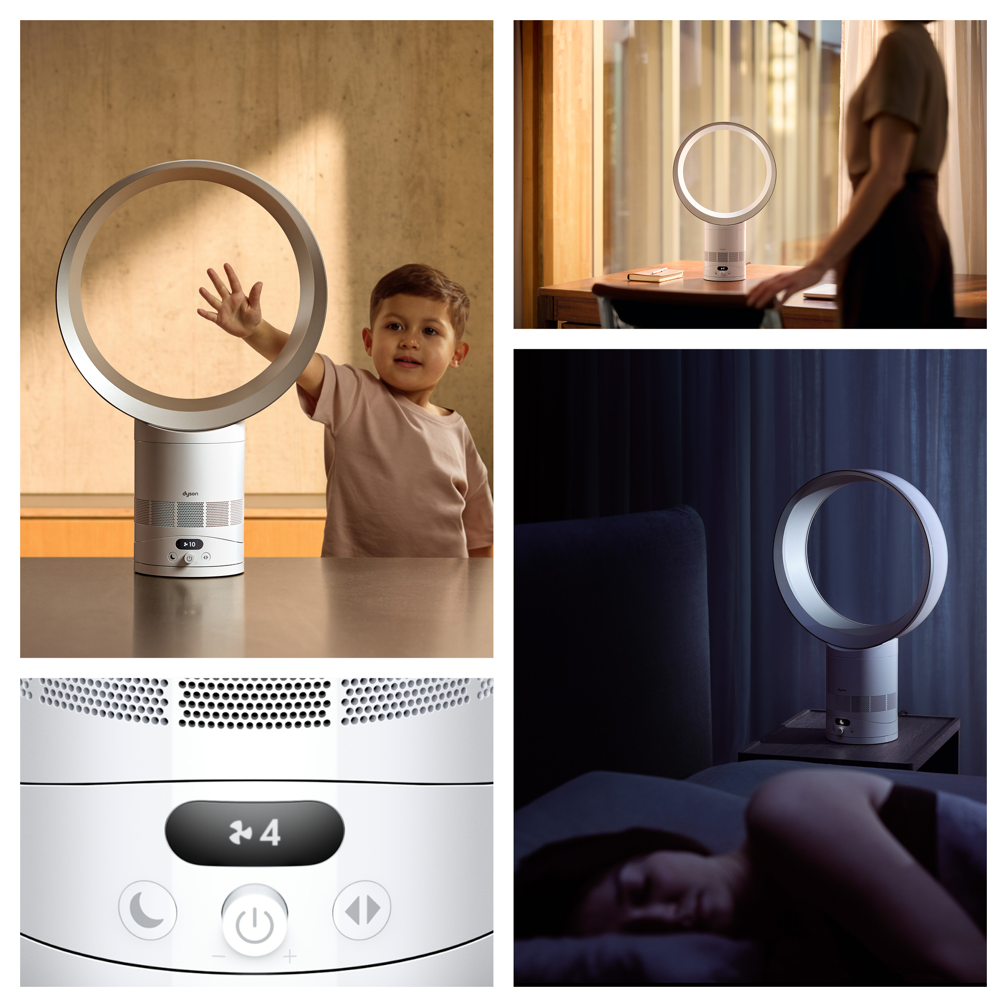 Collage zeigt einen Dyson-Ventilator mit Kind, im Zimmer, im Schlafzimmer und das Display.