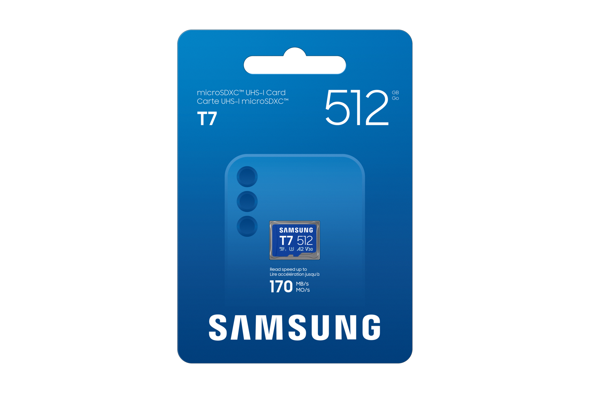 Confezione di scheda di memoria microSDXC Samsung da 512 GB blu con velocità di lettura di 170 MB/s.