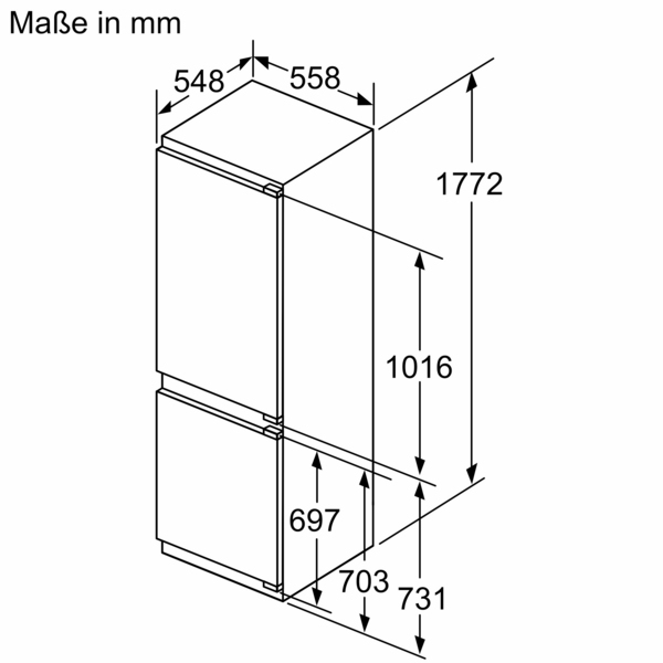 Disegno tecnico di un frigorifero con dimensioni in millimetri.