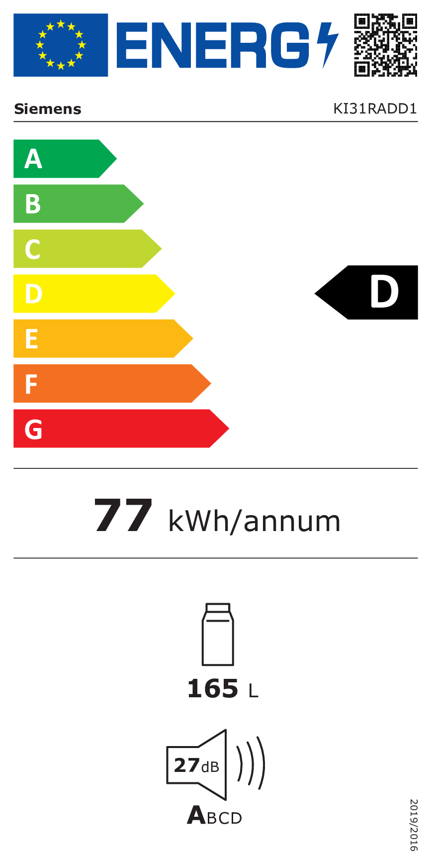 Etichetta energetica Siemens D, 77 kWh/anno, 165 litri e 27 dB.
