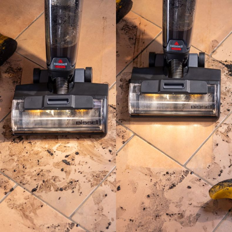 Pulitore per pavimenti Bissell che pulisce piastrelle sporche.