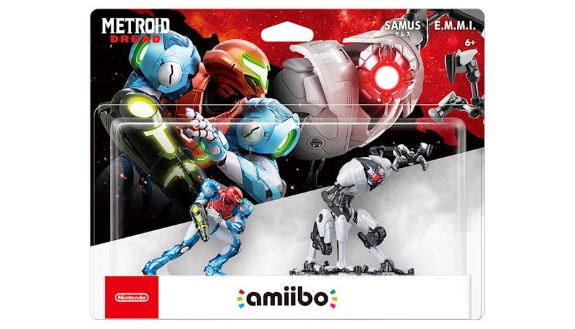Metroid Dread Samus und E.M.M.I. amiibo Figuren in Verpackung mit rot-weißer Marke.