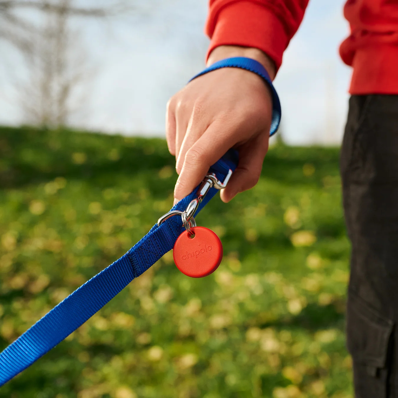 Una persona con un maglione rosso tiene un guinzaglio blu con un ciondolo Chipolo rosso all'aperto.