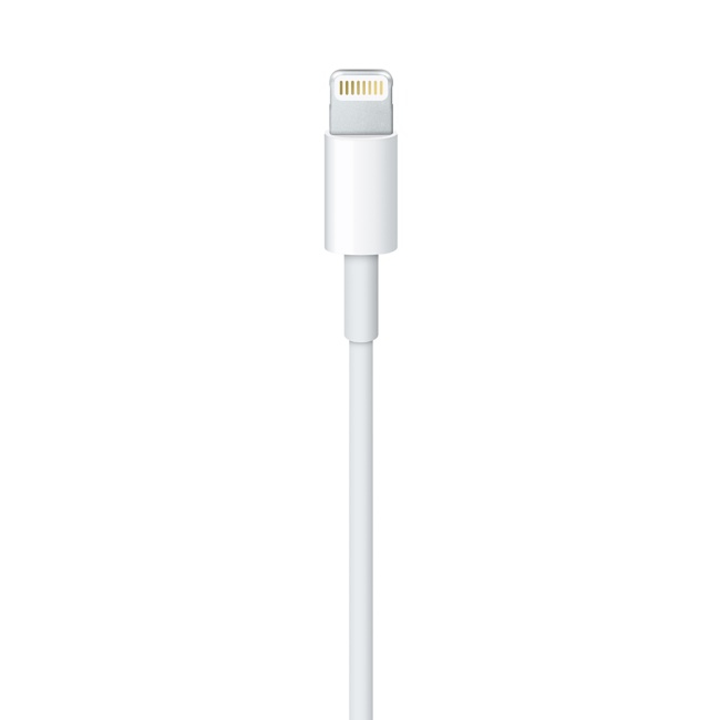 Un cavo Lightning Apple bianco su uno sfondo bianco.