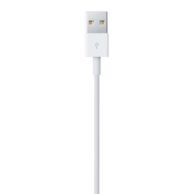 Un connettore per cavo USB-A bianco rivolto verso l'alto su sfondo bianco.