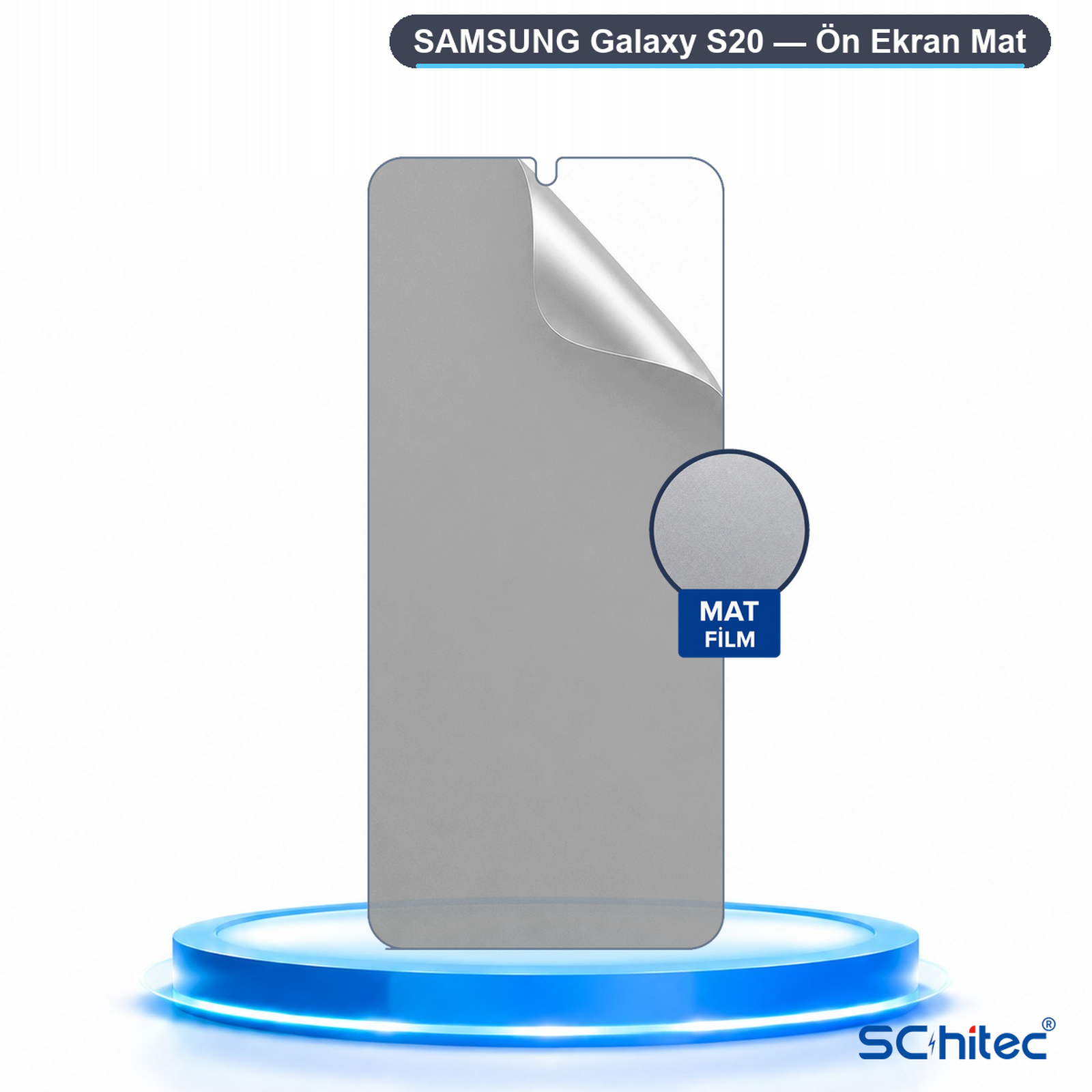 Mavi podyum üzerinde Samsung Galaxy S20 için mat ekran koruyucu.