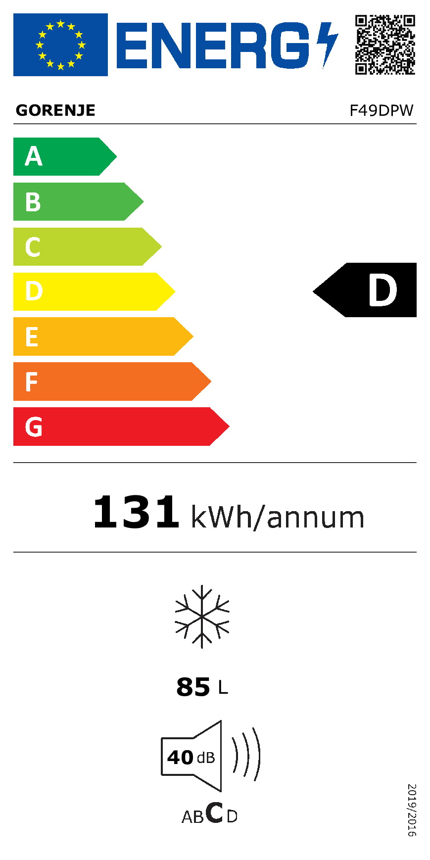 Gorenje-Energielabel D mit Energieeffizienz, 131 kWh/Jahr, 85 L Inhalt und 40 dB Lautstärke.