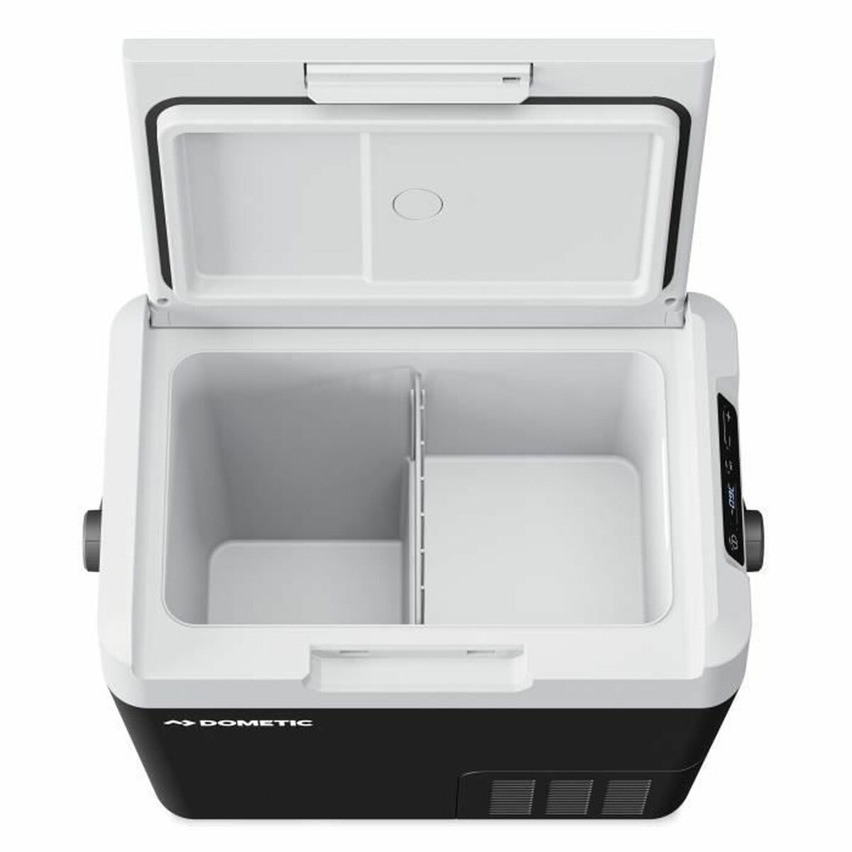 Draufsicht einer geöffneten schwarz-weißen Dometic Kühlbox mit Trennwand.