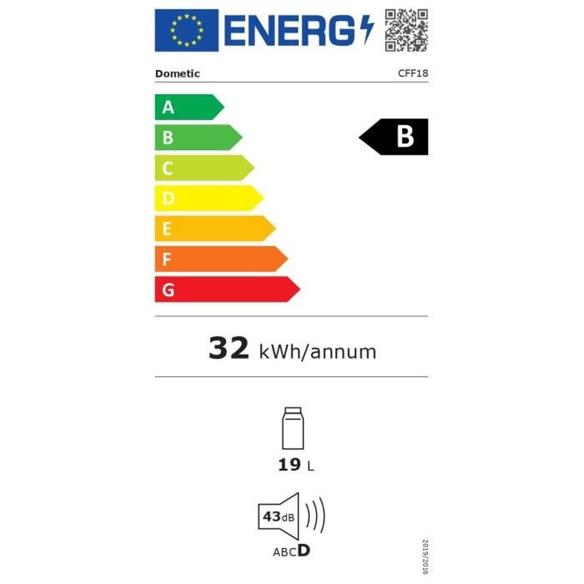 Energieeffizienzlabel B für Dometic CFF18, 32 kWh/Jahr, 19 Liter, 43 dB.