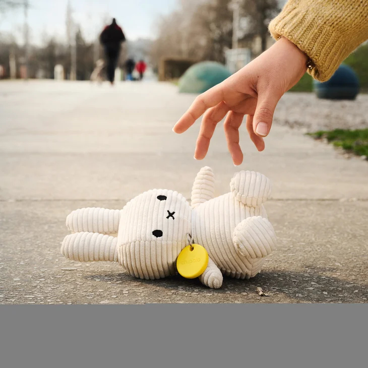 Eine Hand greift nach einem gefallenen weißen Kord-Stoffhasen mit gelbem Etikett auf einem Betonweg.