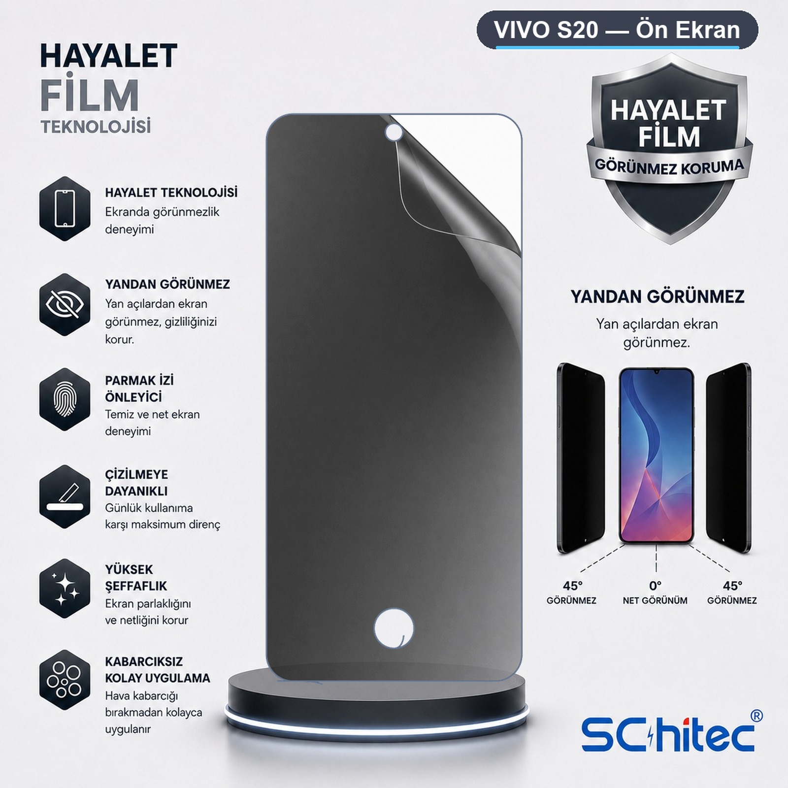 Vivo S20 hayalet ekran koruyucu, gizlilik özellikli, parmak izi bırakmaz ve çizilmeye dayanıklıdır.