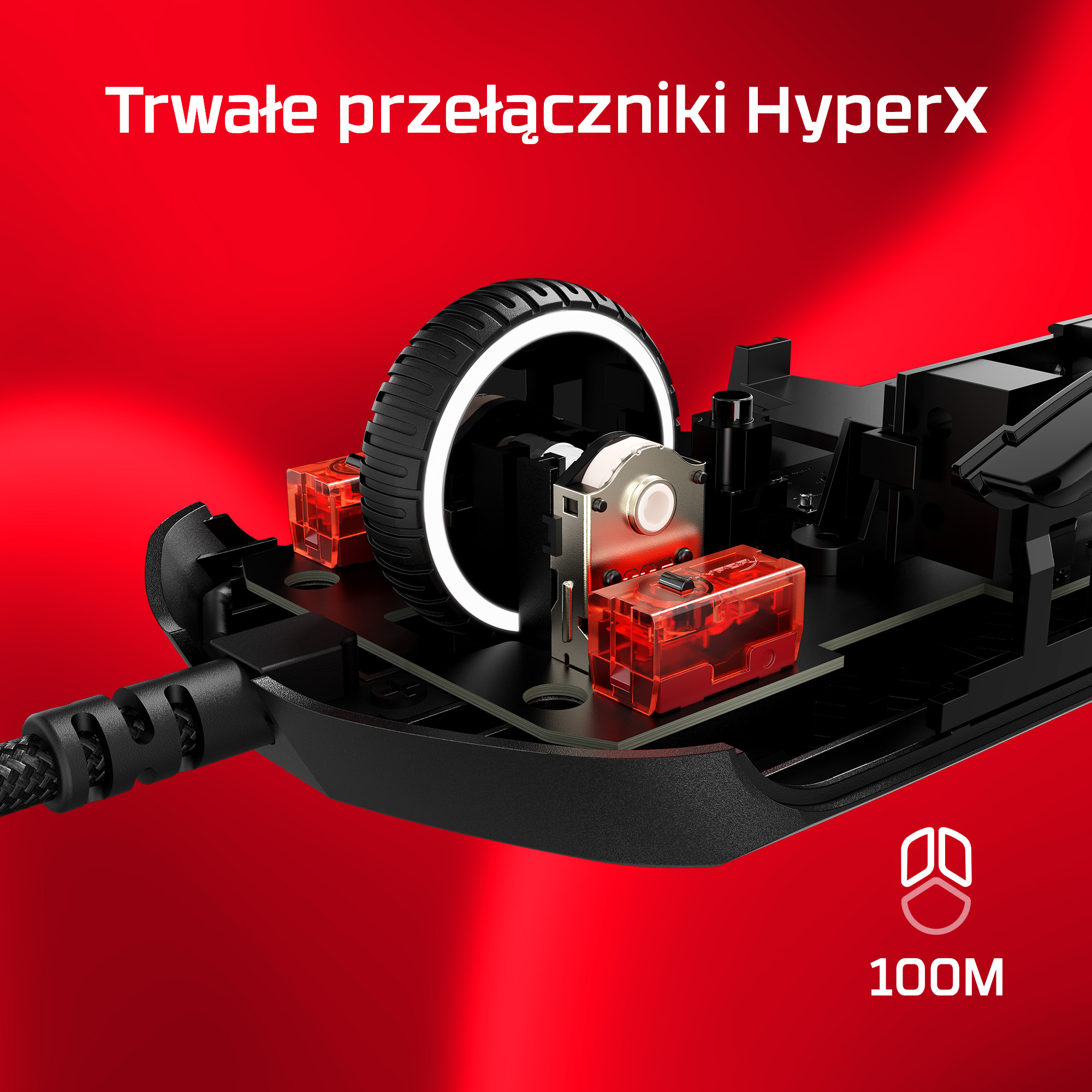 Wnętrze czarnej myszy gamingowej z czerwonymi przełącznikami i rolką na czerwonym tle.