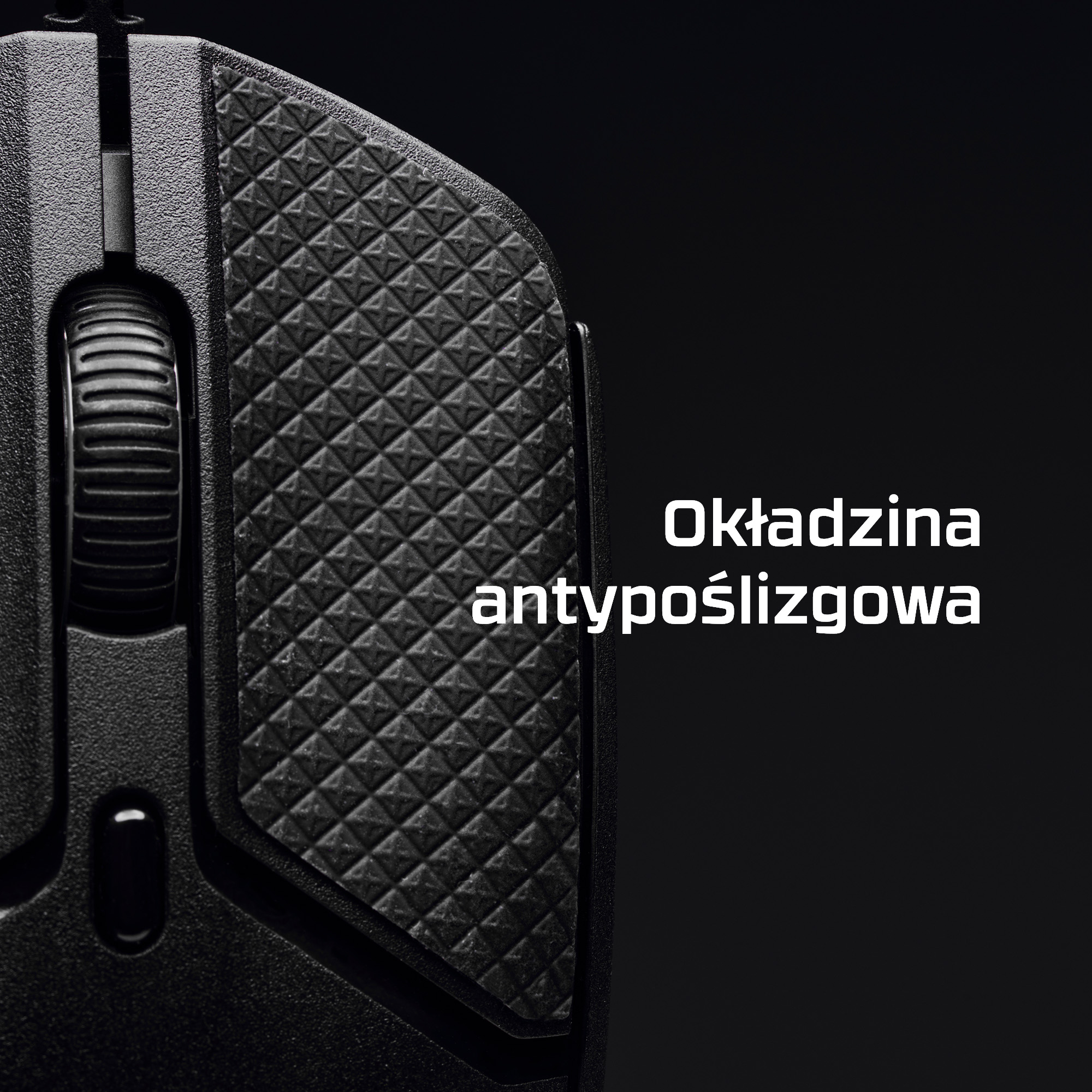 Czarna mysz komputerowa z teksturowana powłoka antyposlizgowa i rolka.