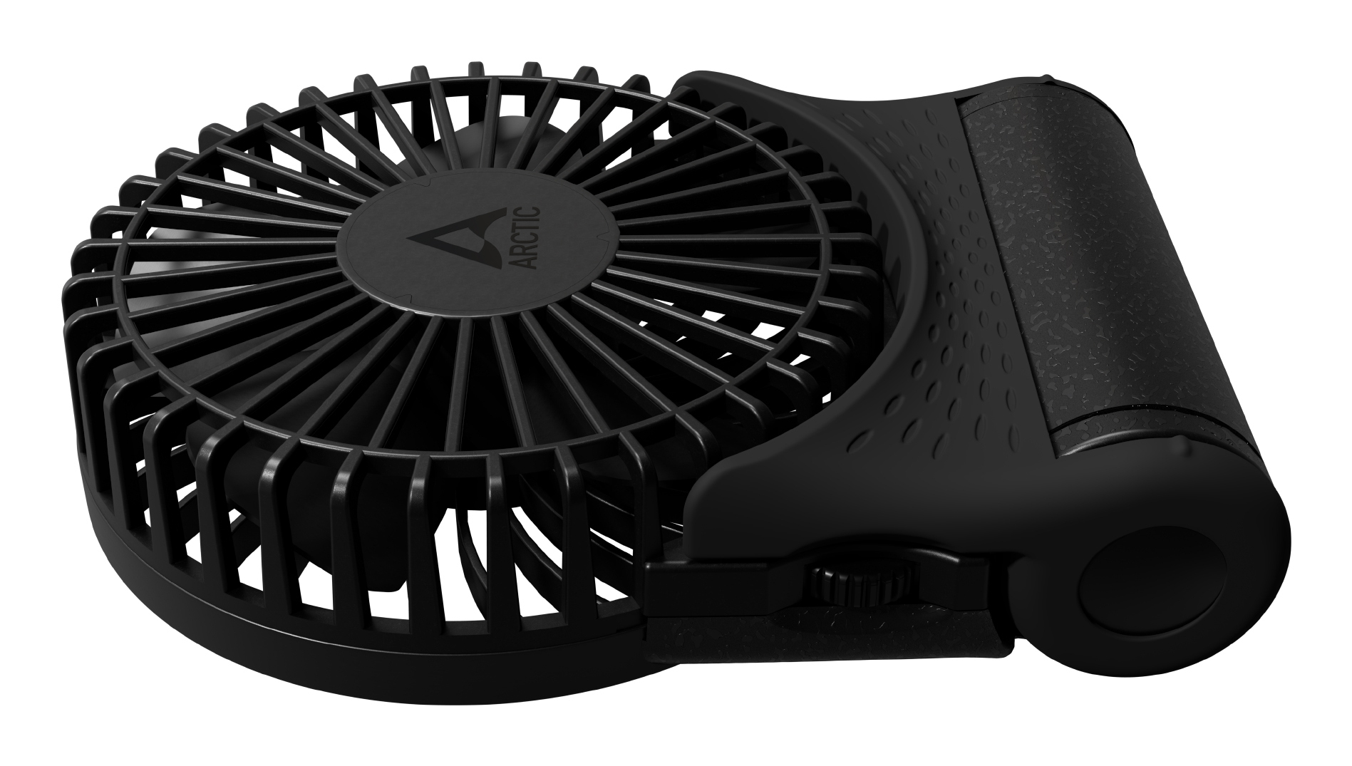 Ein kompakter, schwarzer Handventilator mit ARCTIC-Logo auf dem Schutzgitter und einem praktischen Griff.