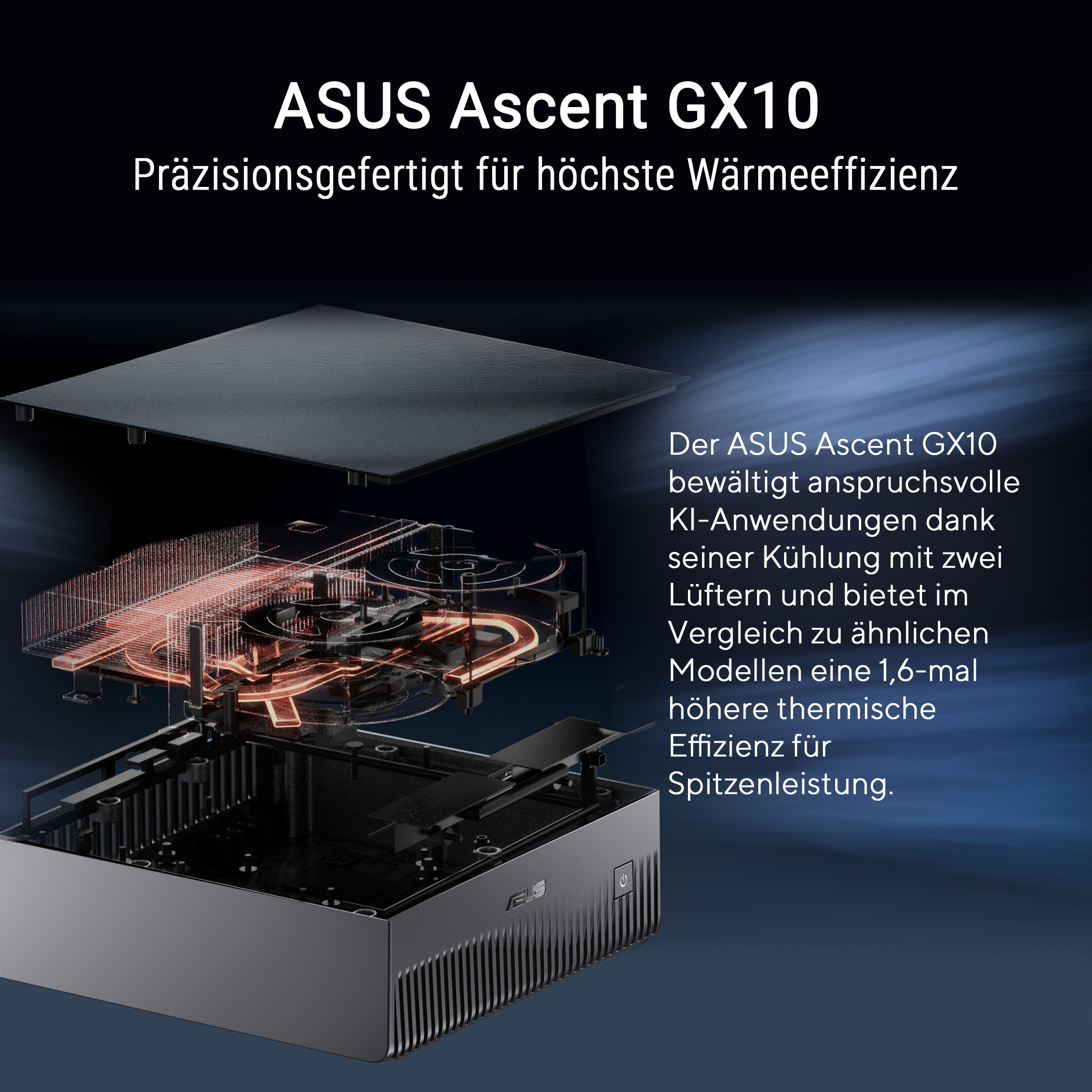 Vista esplosa del mini PC ASUS Ascent GX10 con sistema di raffreddamento e testo su sfondo nero.