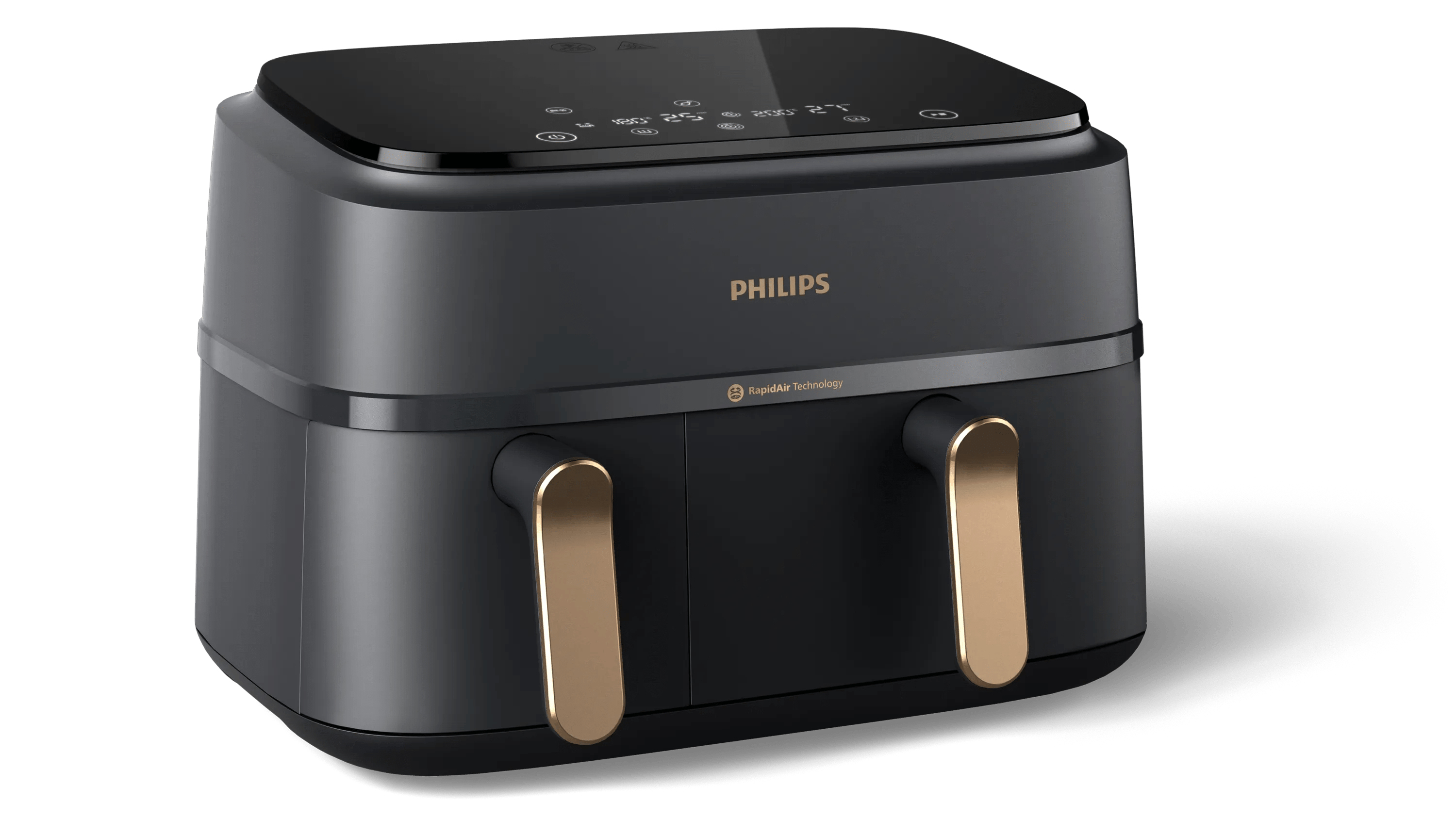 Una friggitrice ad aria Philips nera a doppio cestello con maniglie dorate.