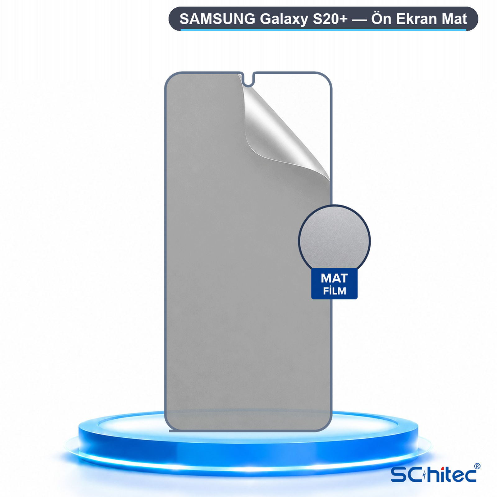 Samsung Galaxy S20+ için mat ekran koruyucu, parlayan mavi bir podyum üzerinde duruyor.