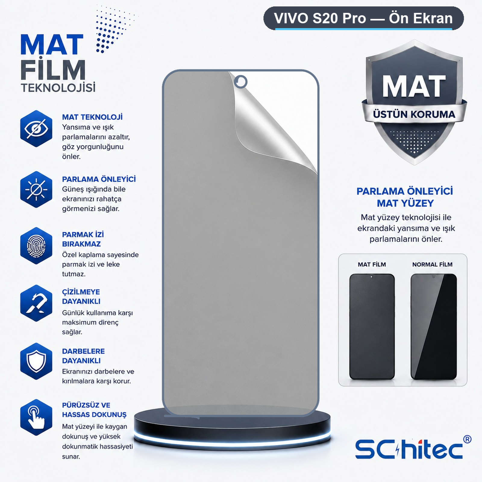 Vivo S20 Pro mat ekran koruyucu için özellik ikonları ve metin içeren tanıtım.