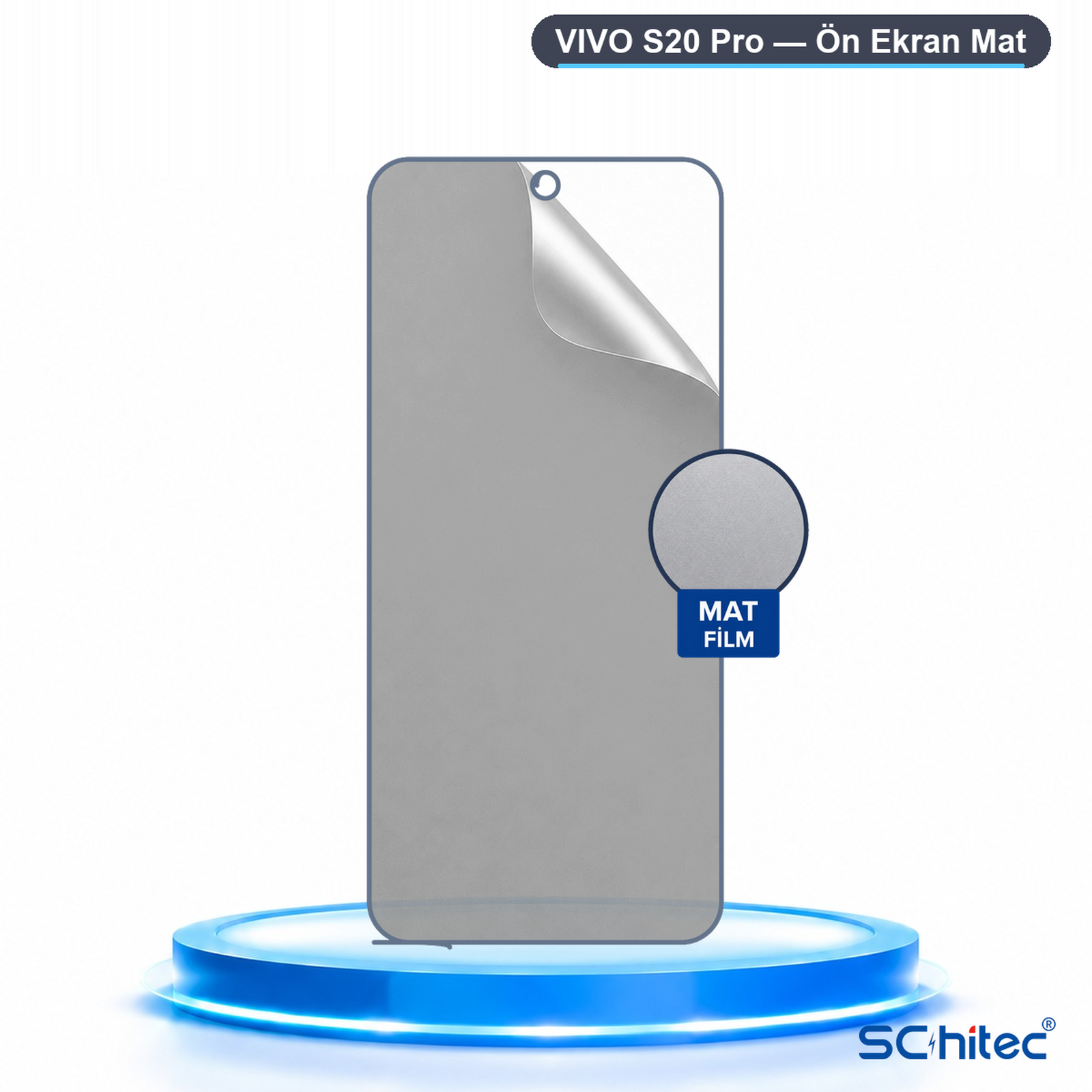 Aydınlatılmış mavi bir kaide üzerinde Vivo S20 Pro için mat ekran koruyucu.