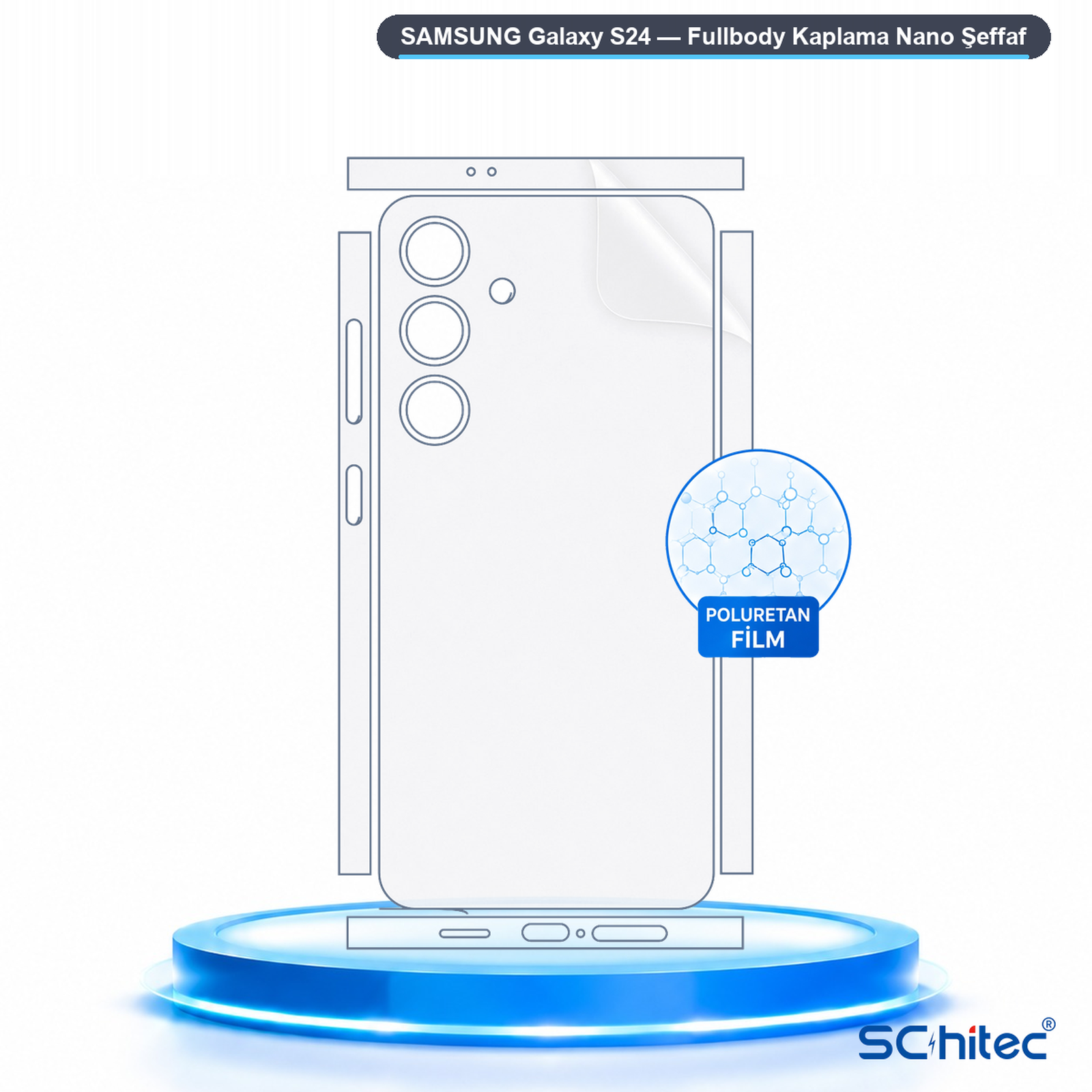 Mavi bir kaide üzerinde şeffaf bir Samsung Galaxy S24 poliüretan film şeması.