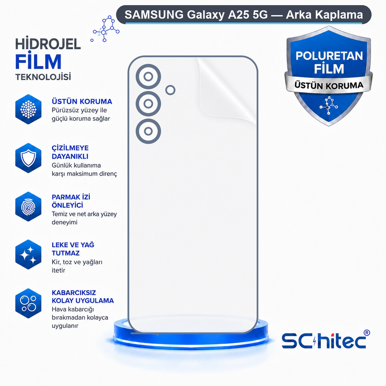 Samsung Galaxy A25 5G arka kaplama filmini ve ozelliklerini gosteren bilgi grafigi.