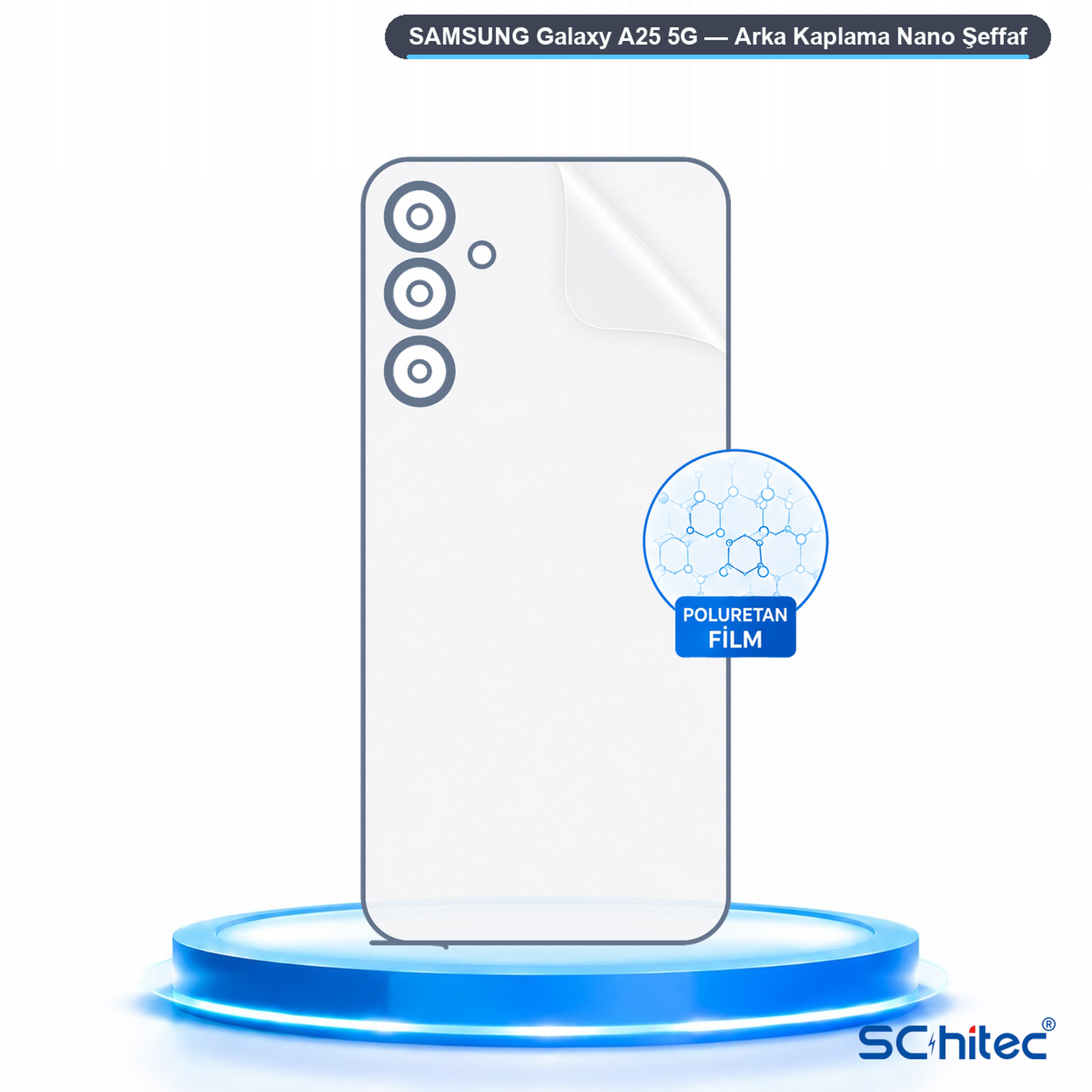 Mavi kaide üzerinde şeffaf arka koruyucu film bulunan Samsung Galaxy A25 5G.