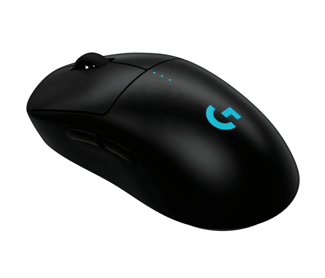 Souris de jeu sans fil noire avec éclairage LED bleu et boutons latéraux.