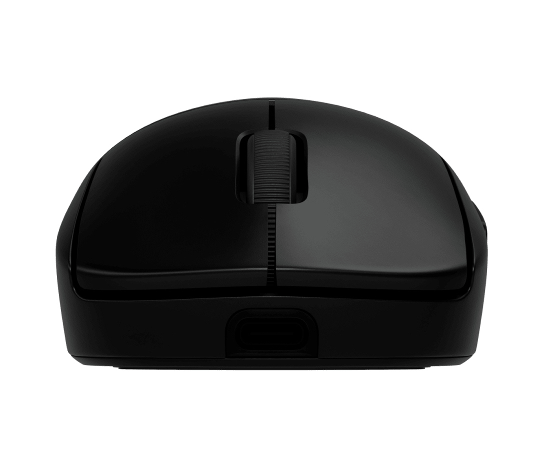 Une souris d'ordinateur noire vue de face, avec une molette et un port USB.