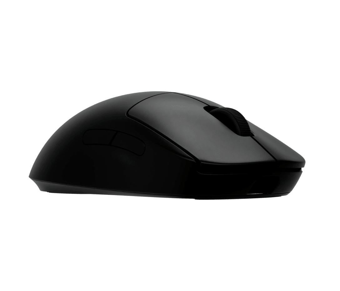 Une souris d'ordinateur sans fil noire et élégante sur fond blanc, mettant en valeur sa forme ergonomique et sa molette.