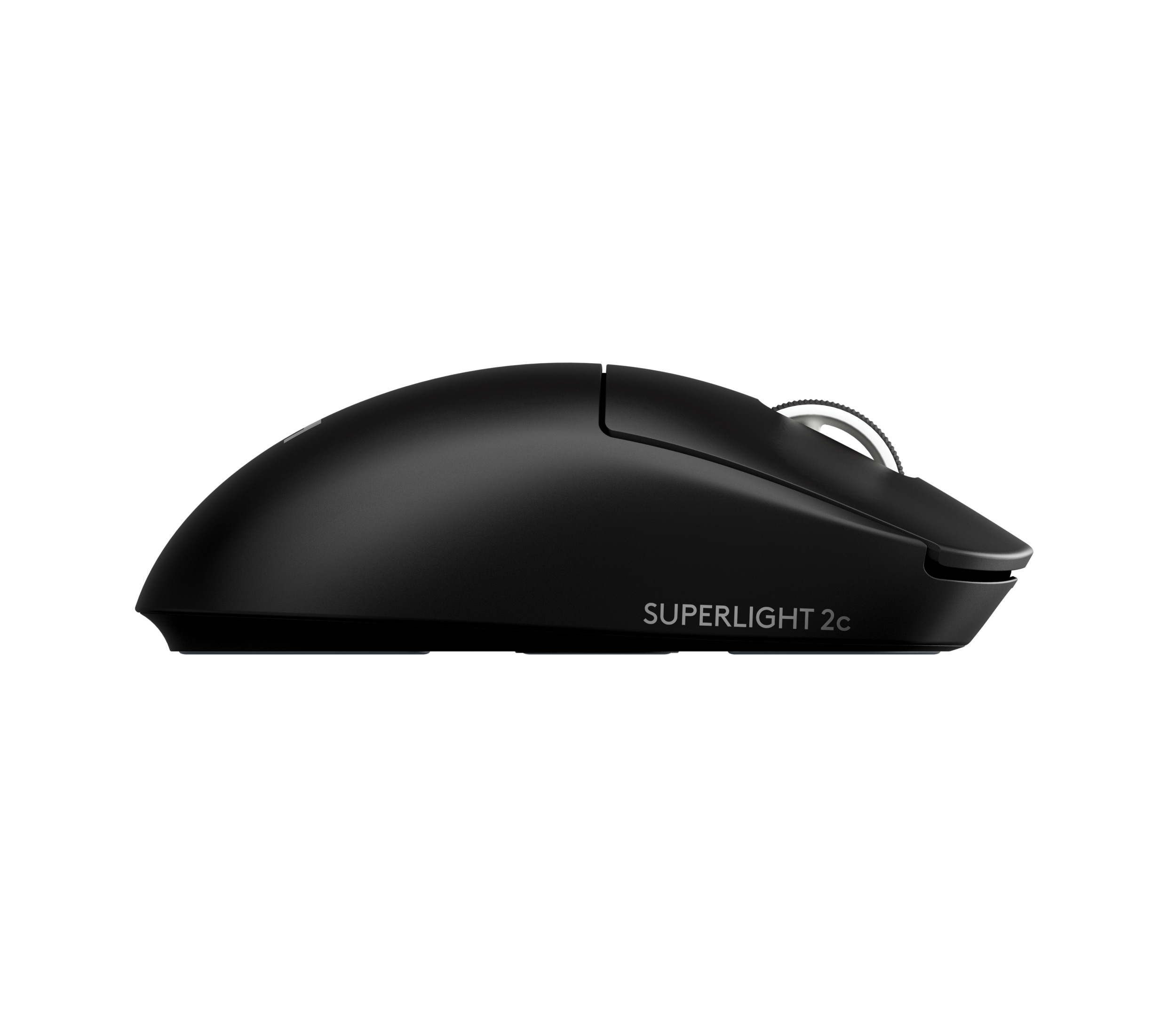 Un mouse per computer wireless nero con la scritta 'SUPERLIGHT 2c' sul lato su sfondo bianco.