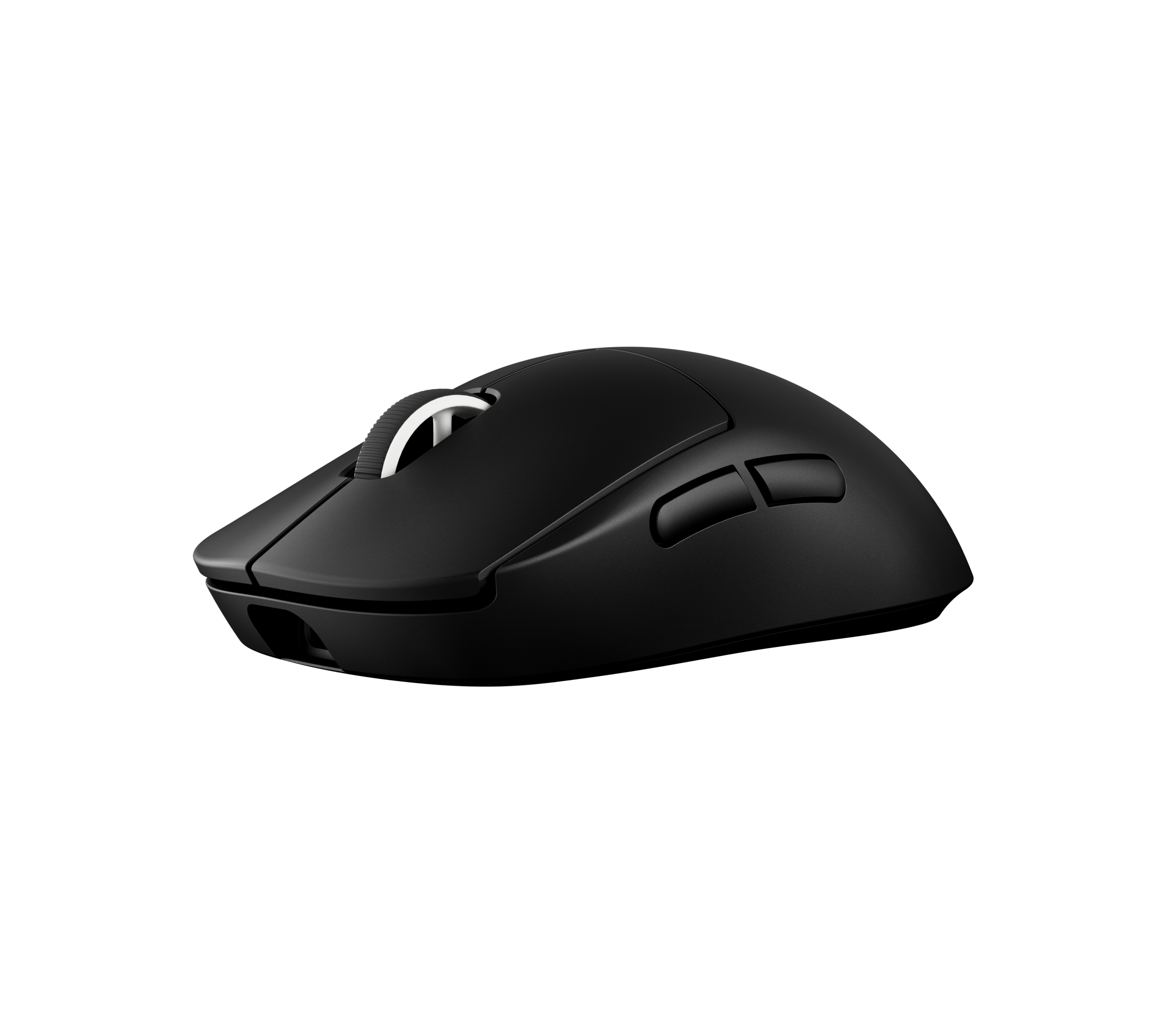Un mouse per computer nero opaco con due pulsanti laterali e una rotella argentata.