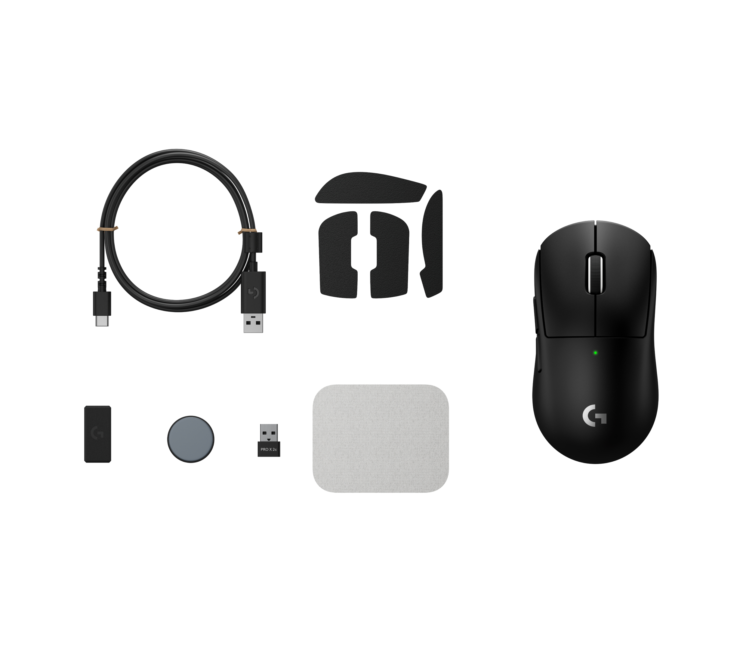 Mouse da gioco nero con accessori come cavo, ricevitore e impugnature su sfondo bianco.
