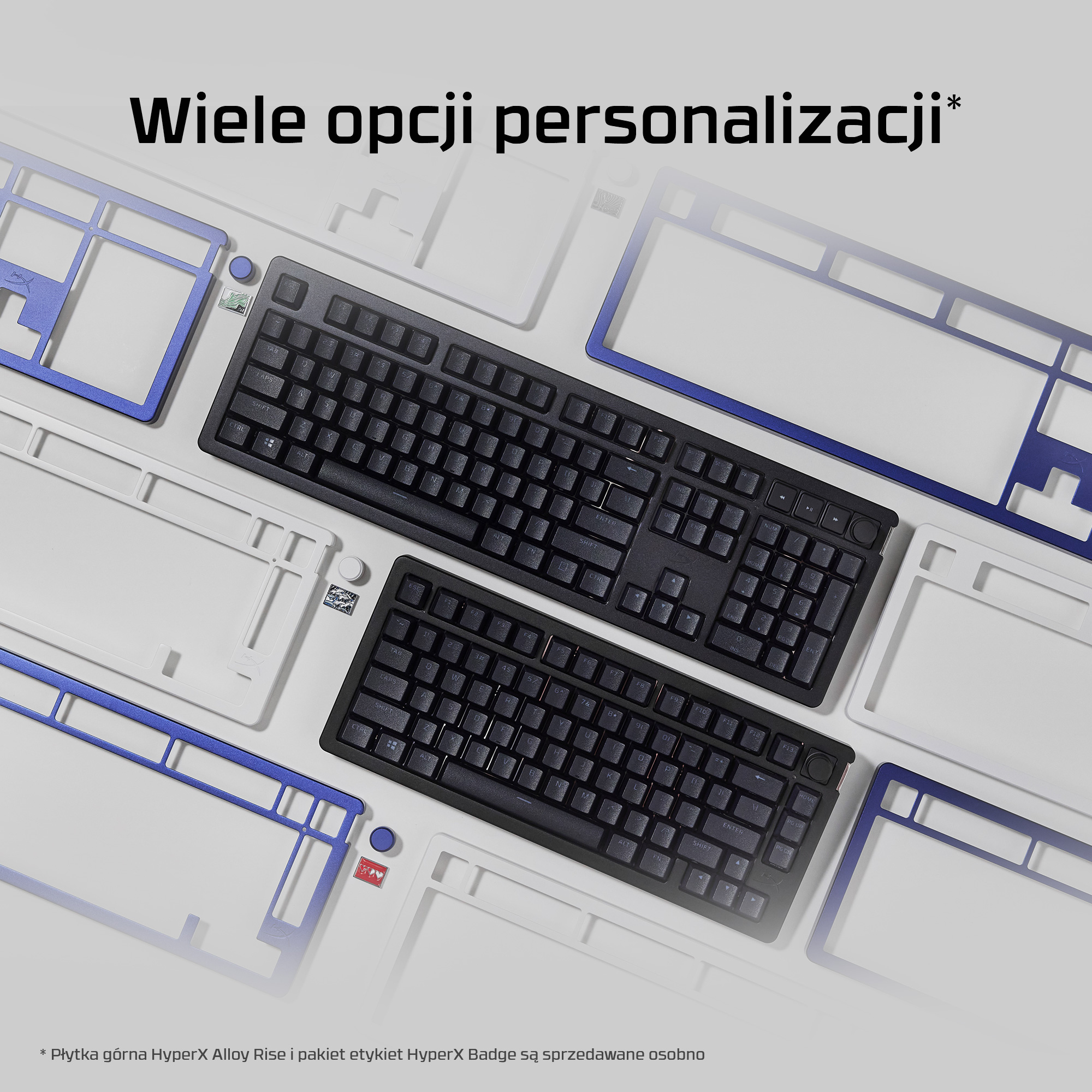 Dos teclados negros rodeados de placas superiores azules y blancas personalizables.