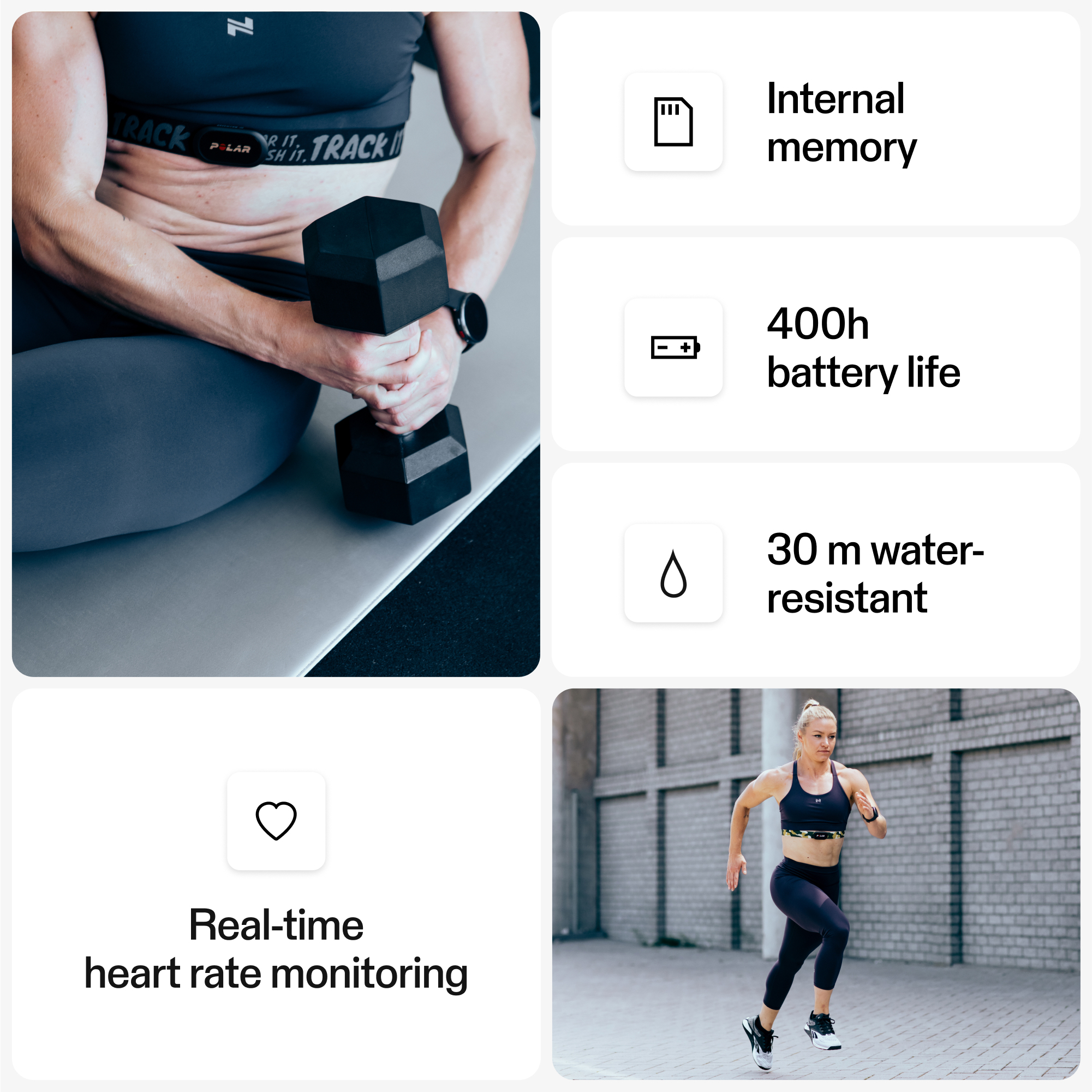 Fitness-Collage mit Sportlerin, Hantel und Symbolen für Speicherkapazität, Batterielaufzeit, Wasserdichtigkeit und Pulsmessung.