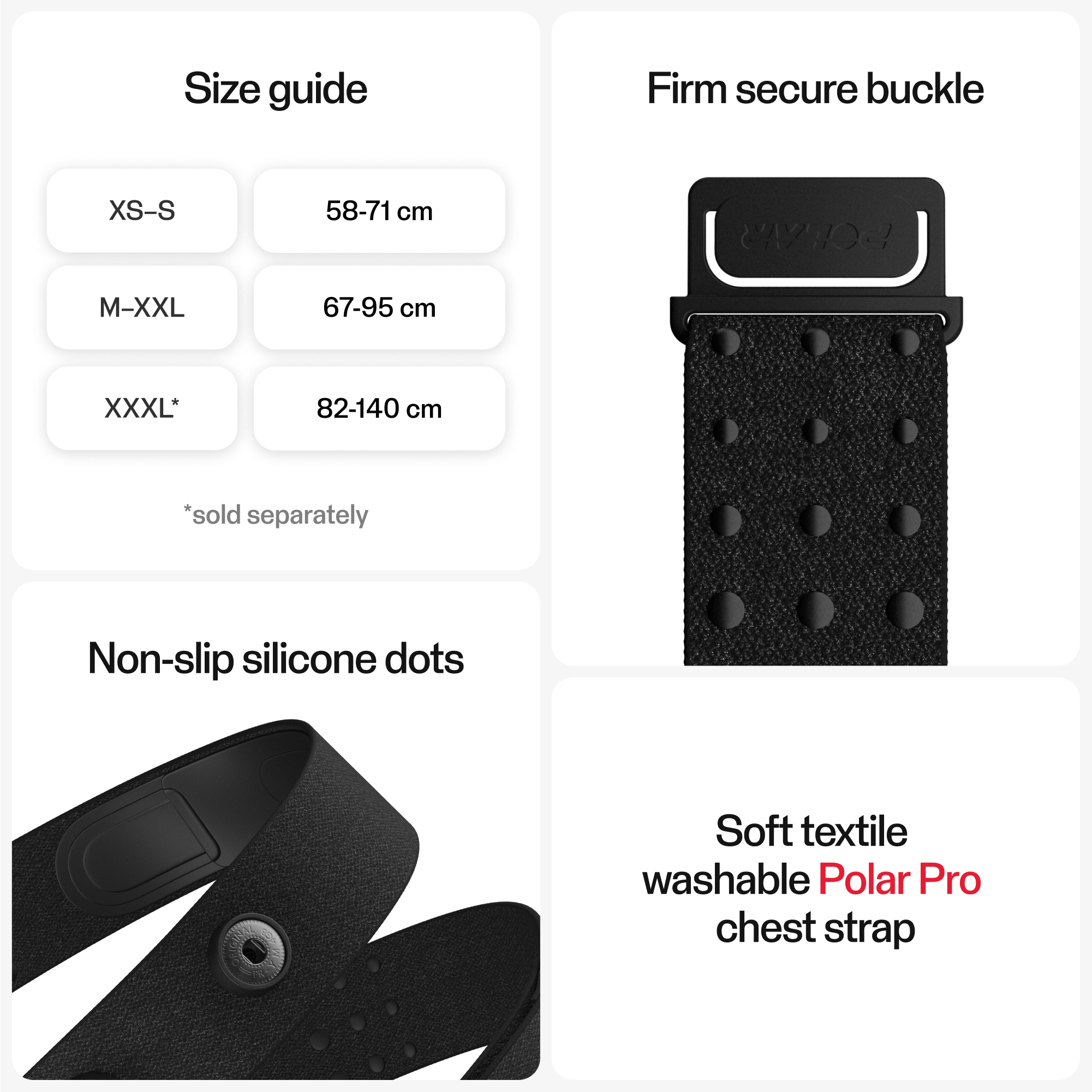 Produktmerkmale des Polar Pro Brustgurts mit Größentabelle, sicherem Verschluss, Silikonpunkten und weichem Textil.