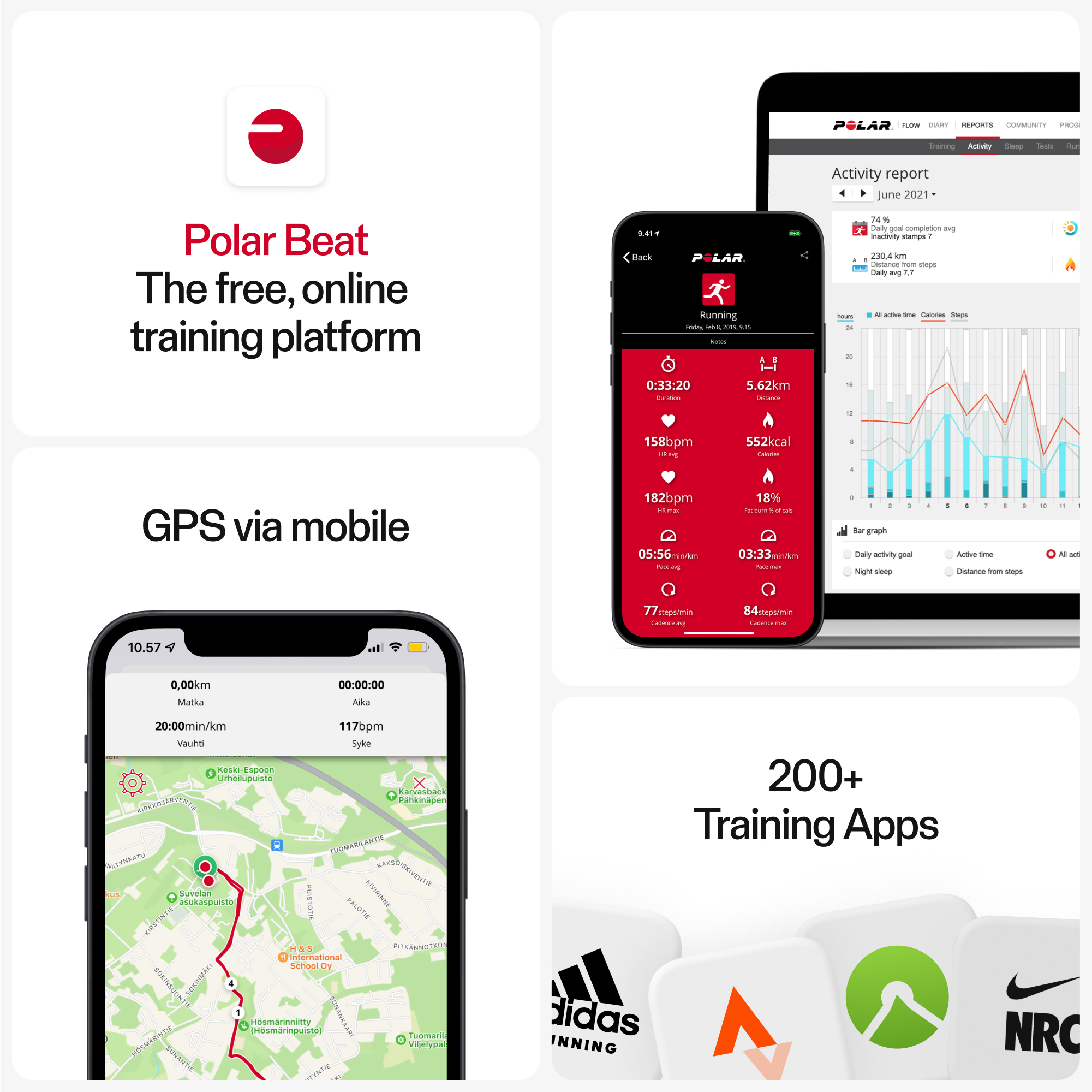 Werbebilder zeigen eine Sport-App auf Smartphone und Tablet mit GPS, Trainingsdaten und App-Verknüpfungen.
