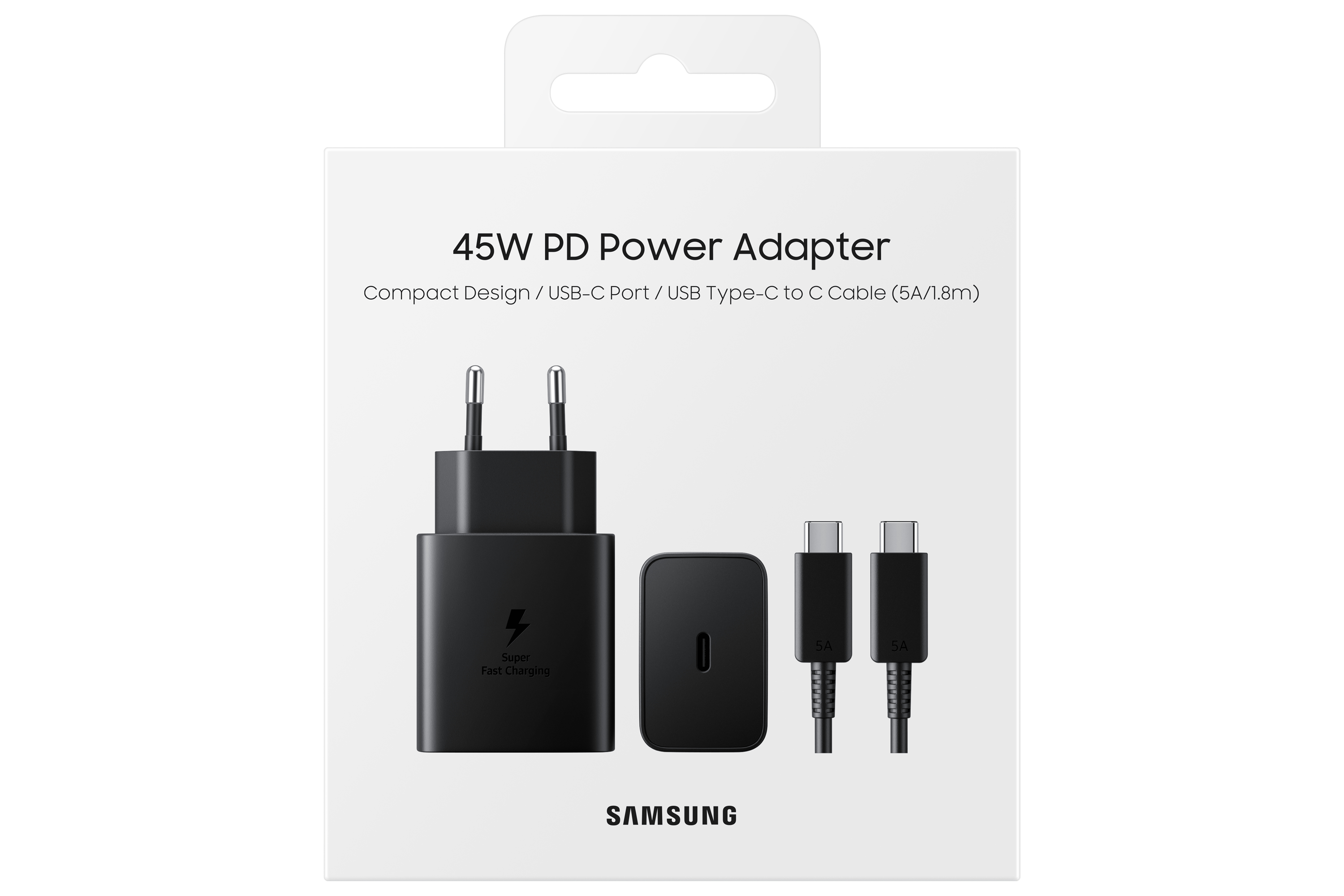 Verpackung eines Samsung 45W PD Netzteils mit USB-C Port und Kabel.