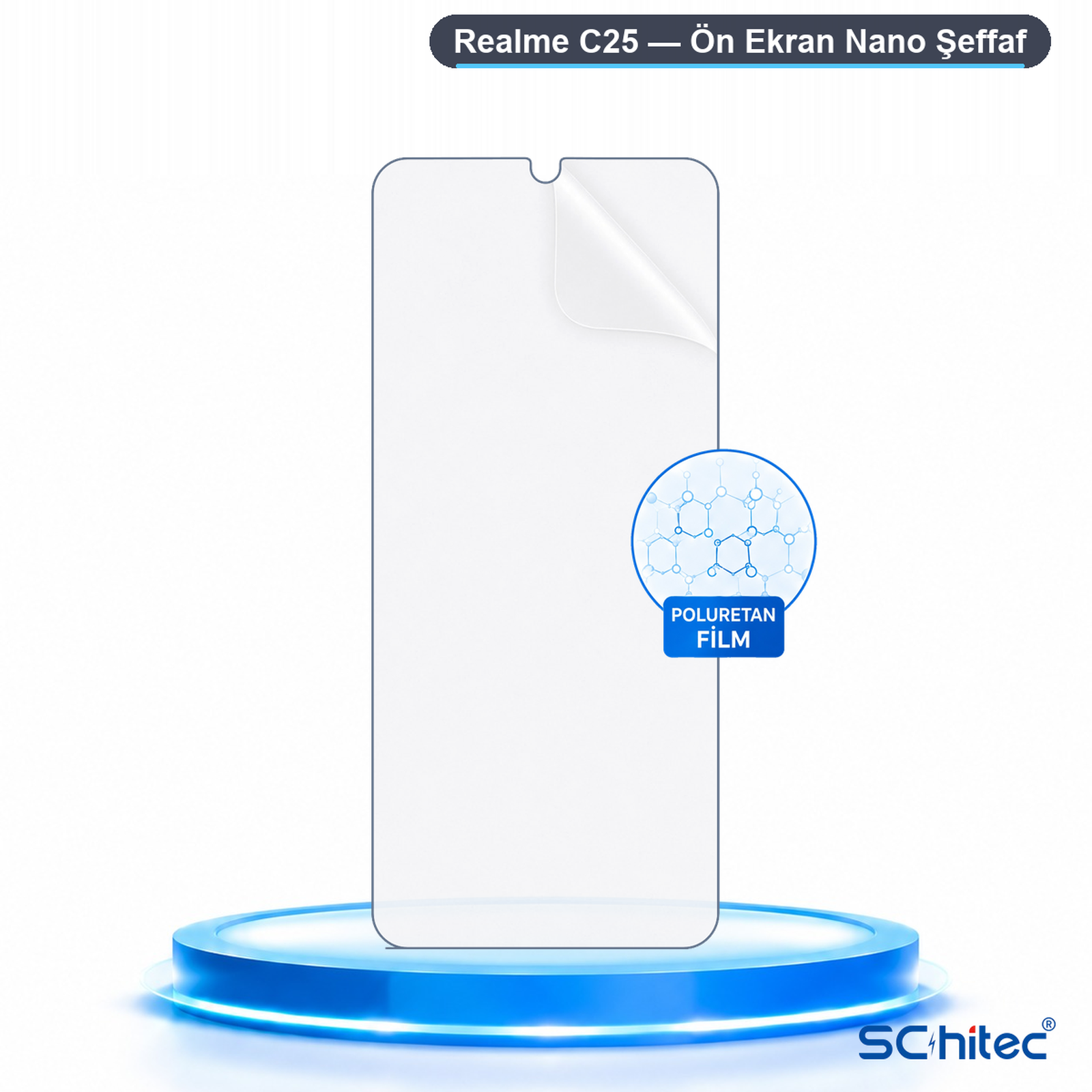 Realme C25 için şeffaf ekran koruyucu, mavi stant üzerinde üstte metin başlığı ve molekül simgesiyle.
