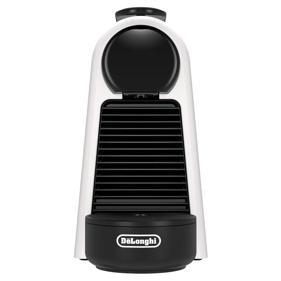 Eine weiße und schwarze DeLonghi Kaffeemaschine auf weißem Hintergrund.