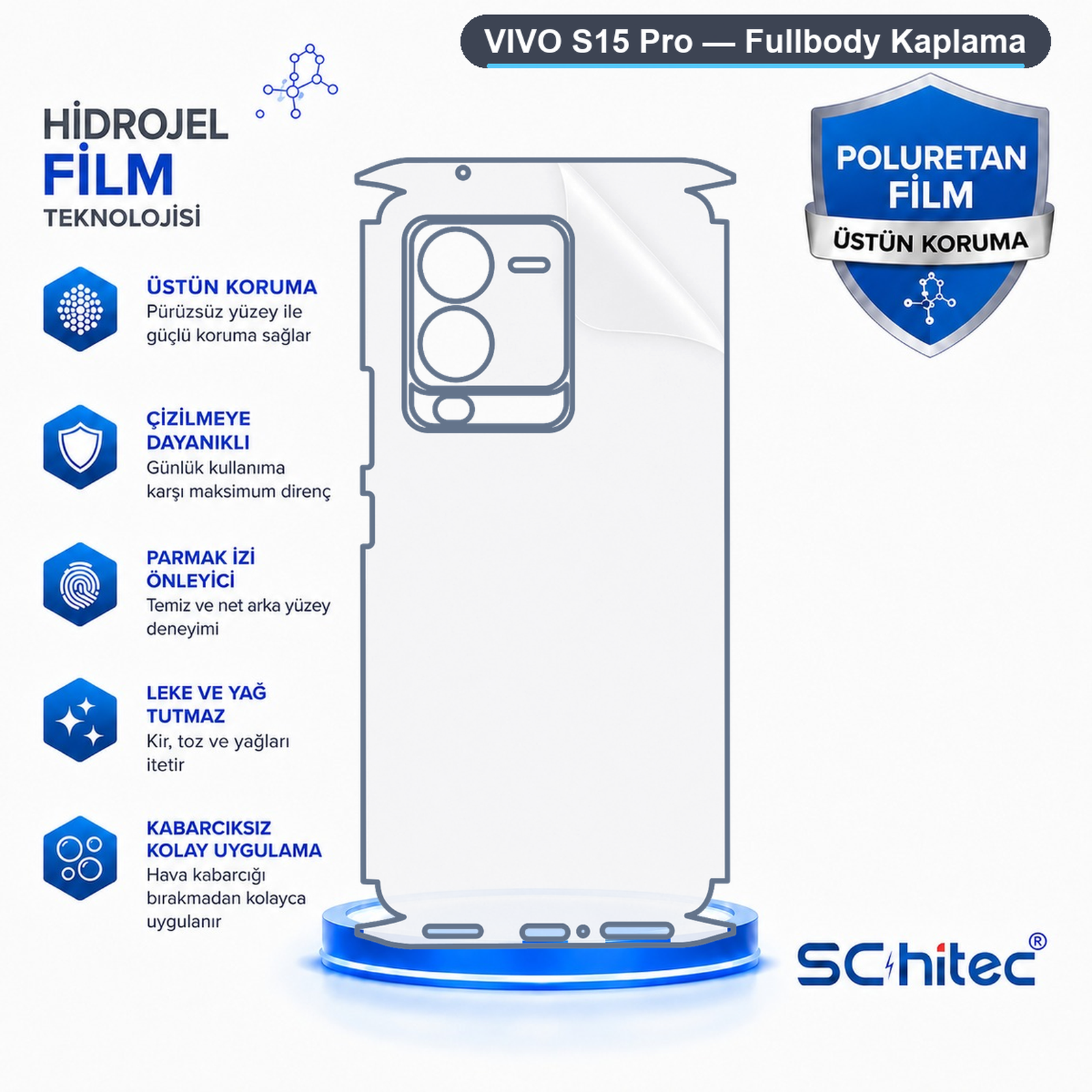 Vivo S15 Pro hidrojel film için çizilmeye dayanıklılık ve kabarcıksız uygulama özelliklerini gösteren reklam.
