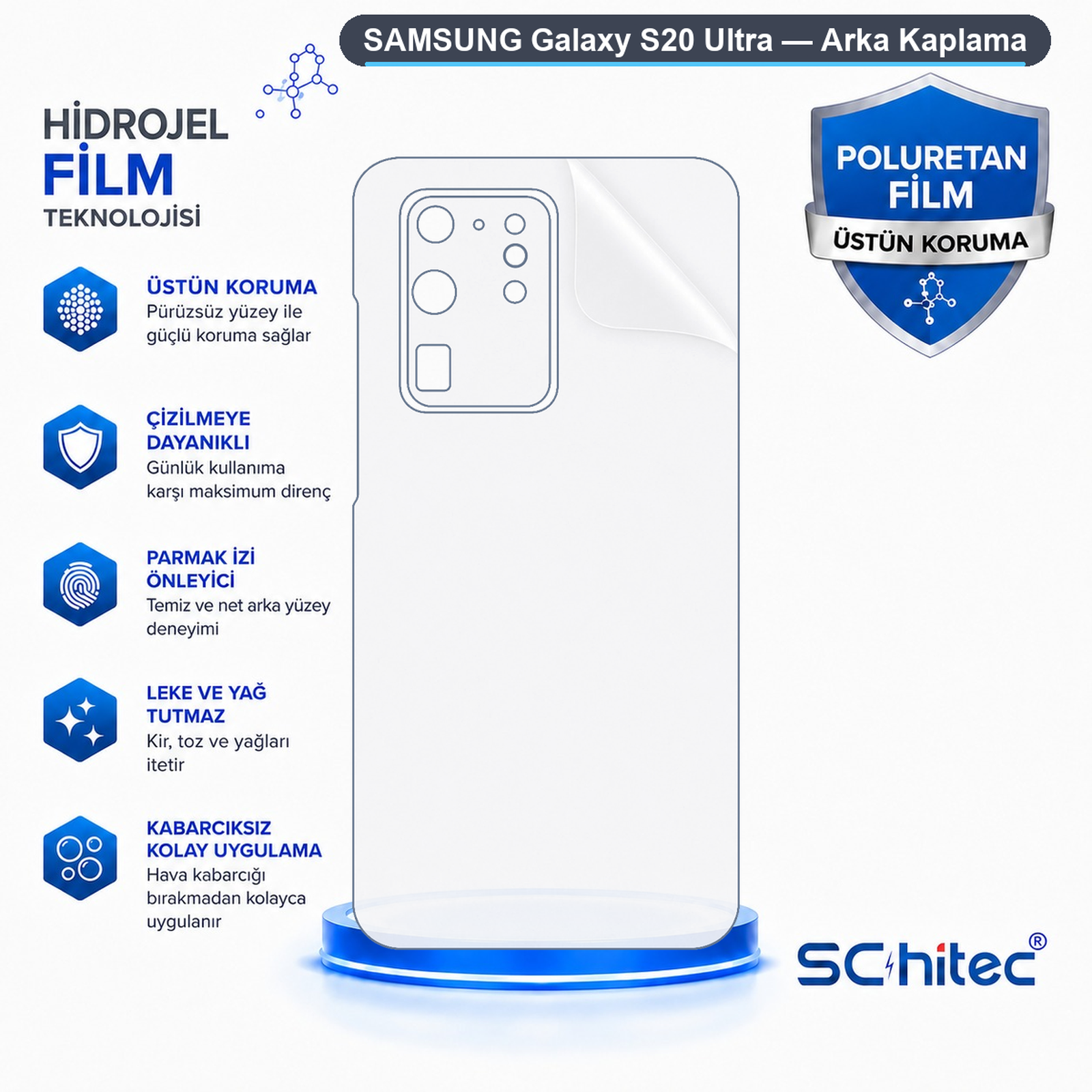 Samsung Galaxy S20 Ultra için metin ve özellik rozetleri içeren hidrojel arka film şeması.