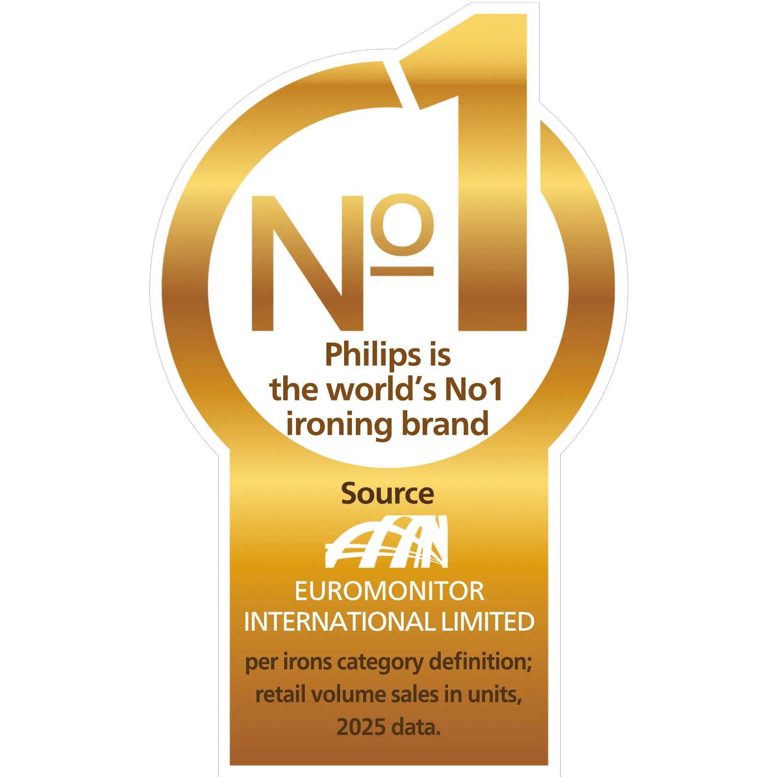 Ein goldenes Abzeichen, das Philips als weltweite Nummer 1 der Bügelmarken auszeichnet, mit Euromonitor-Quellenangabe.