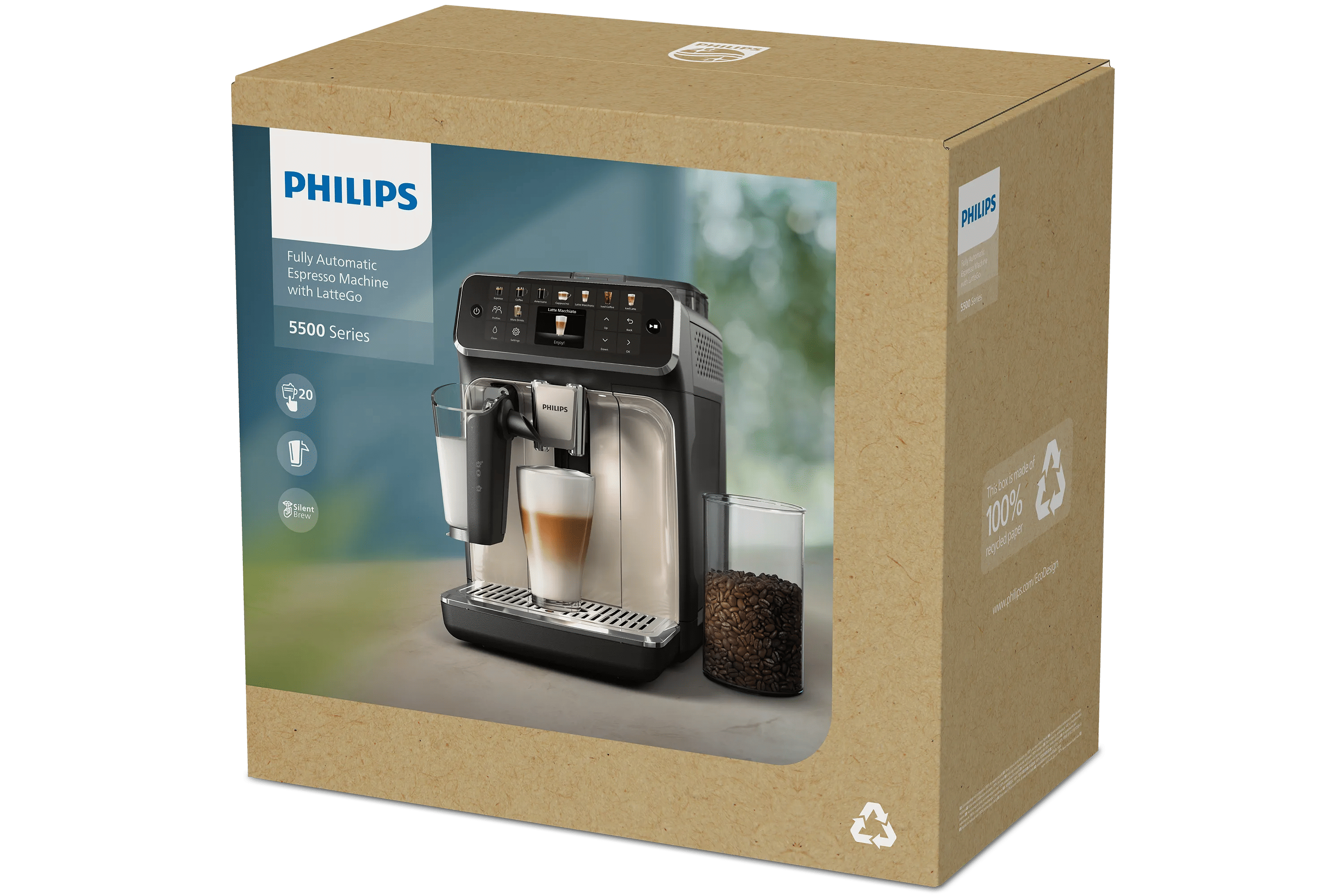 Kahve çekirdekleri ve latte ile Philips 5500 Serisi tam otomatik espresso makinesi ambalaj kutusu.