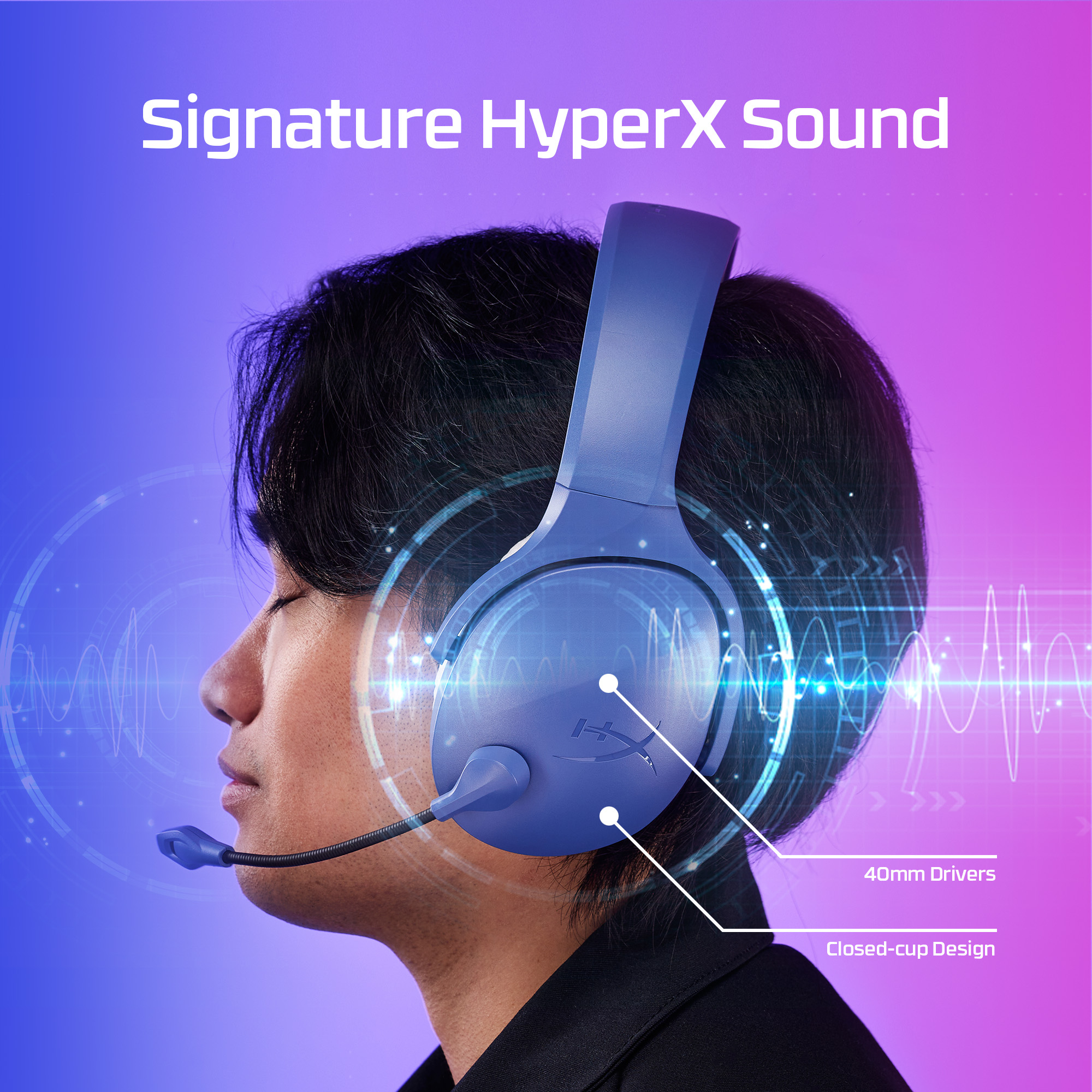 Un hombre con auriculares azules para juegos con micrófono y gráficos.