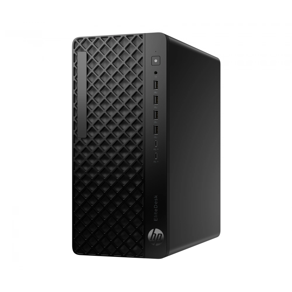 Desenli ızgara ön panelli ve dikey bağlantı noktalı siyah HP EliteDesk masaüstü bilgisayar.